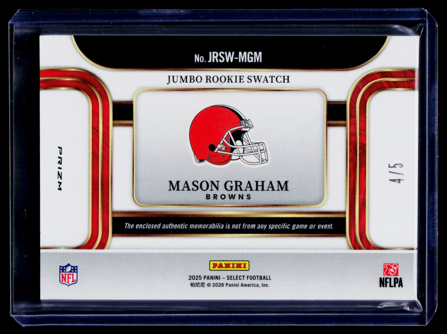 2025 Panini Select #JRSW-MGM Mason Graham Jumbo Rookie Swatch Green Prizm #/5