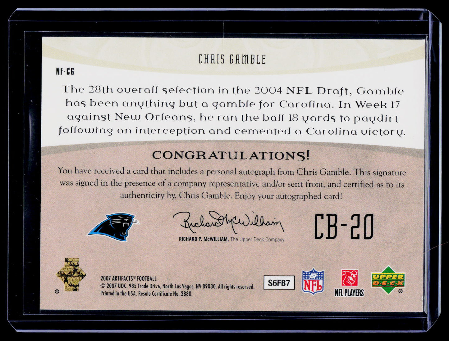 2007 Upper Deck Artifacts #NF-CG Chris Gamble NFL Facts Autographs