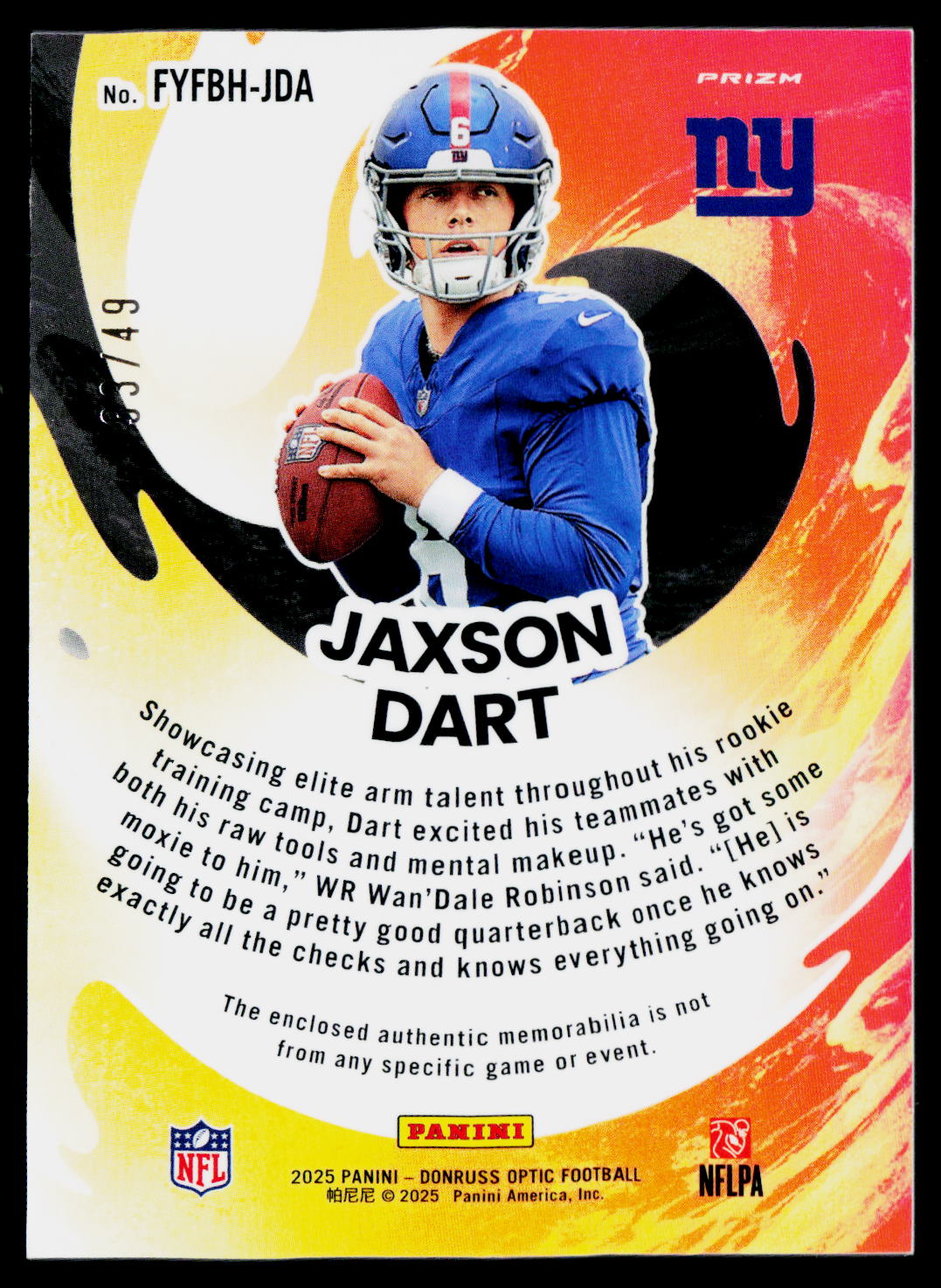 2025 Donruss Optic #FYFBH-JDA Jaxson Dart First Year Fresh Ice #/49