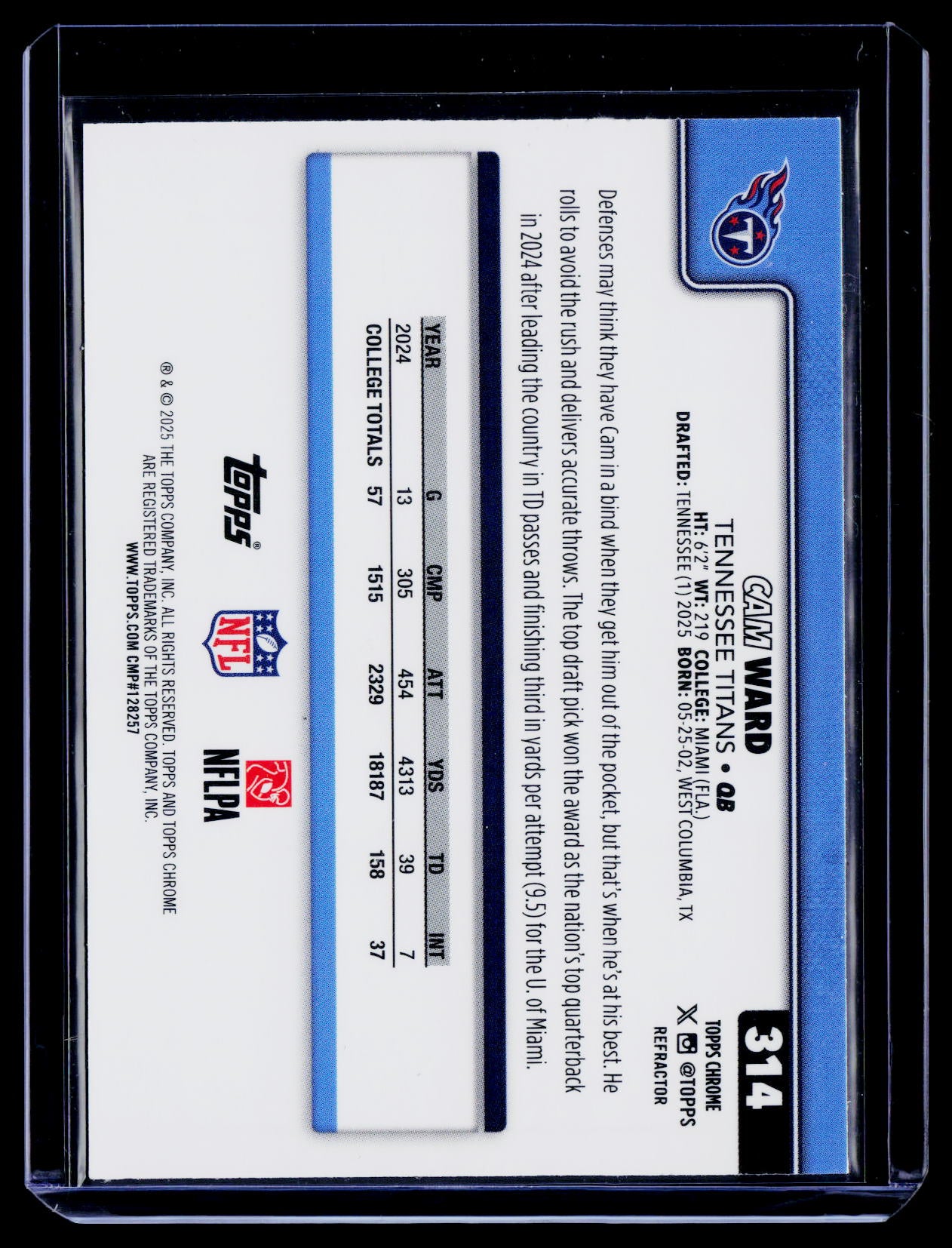 2025 Topps Chrome #314 Cam Ward Refractor