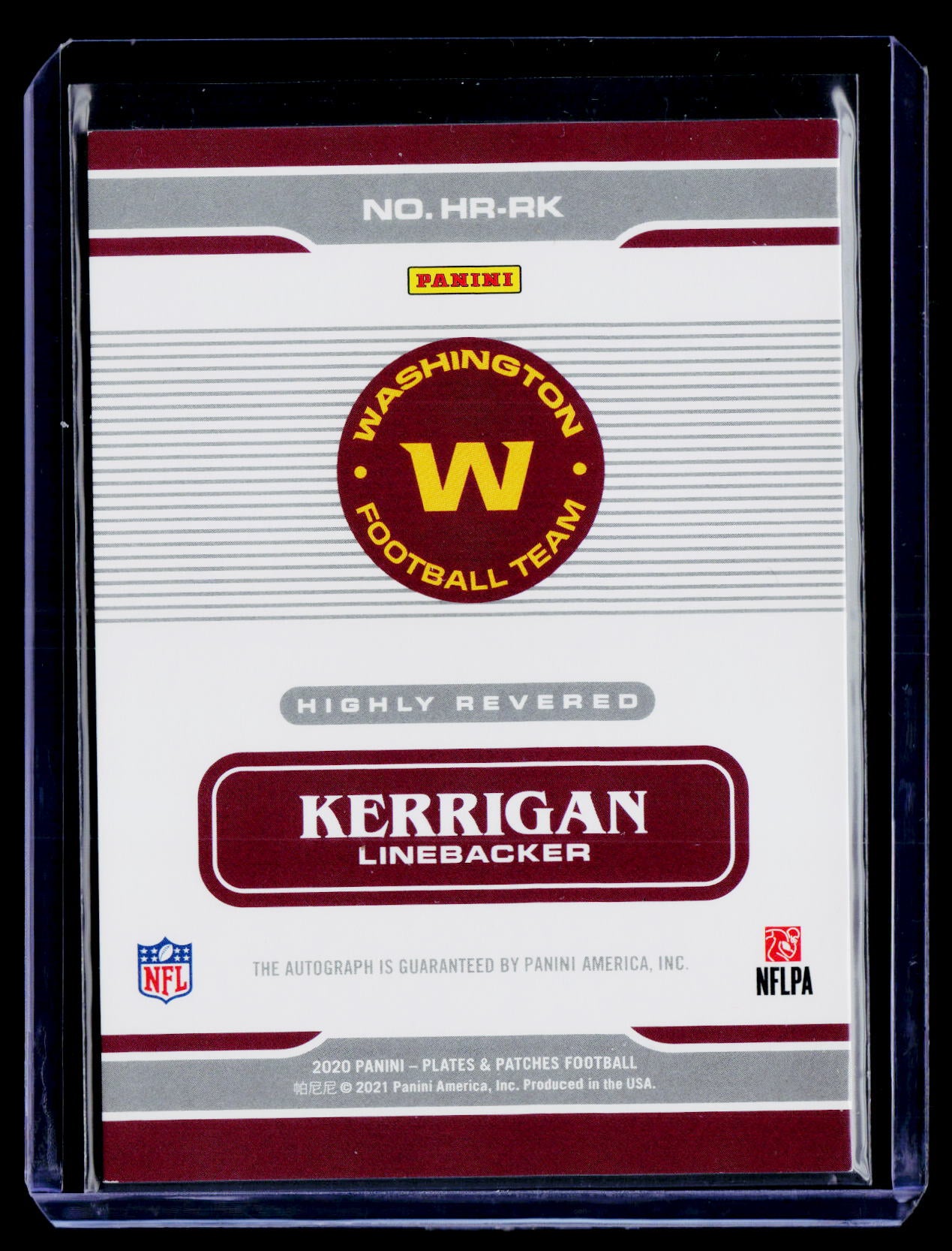 2020 Panini Plates & Patches #HR-RK Ryan Kerrigan Highly Revered Purple #/30