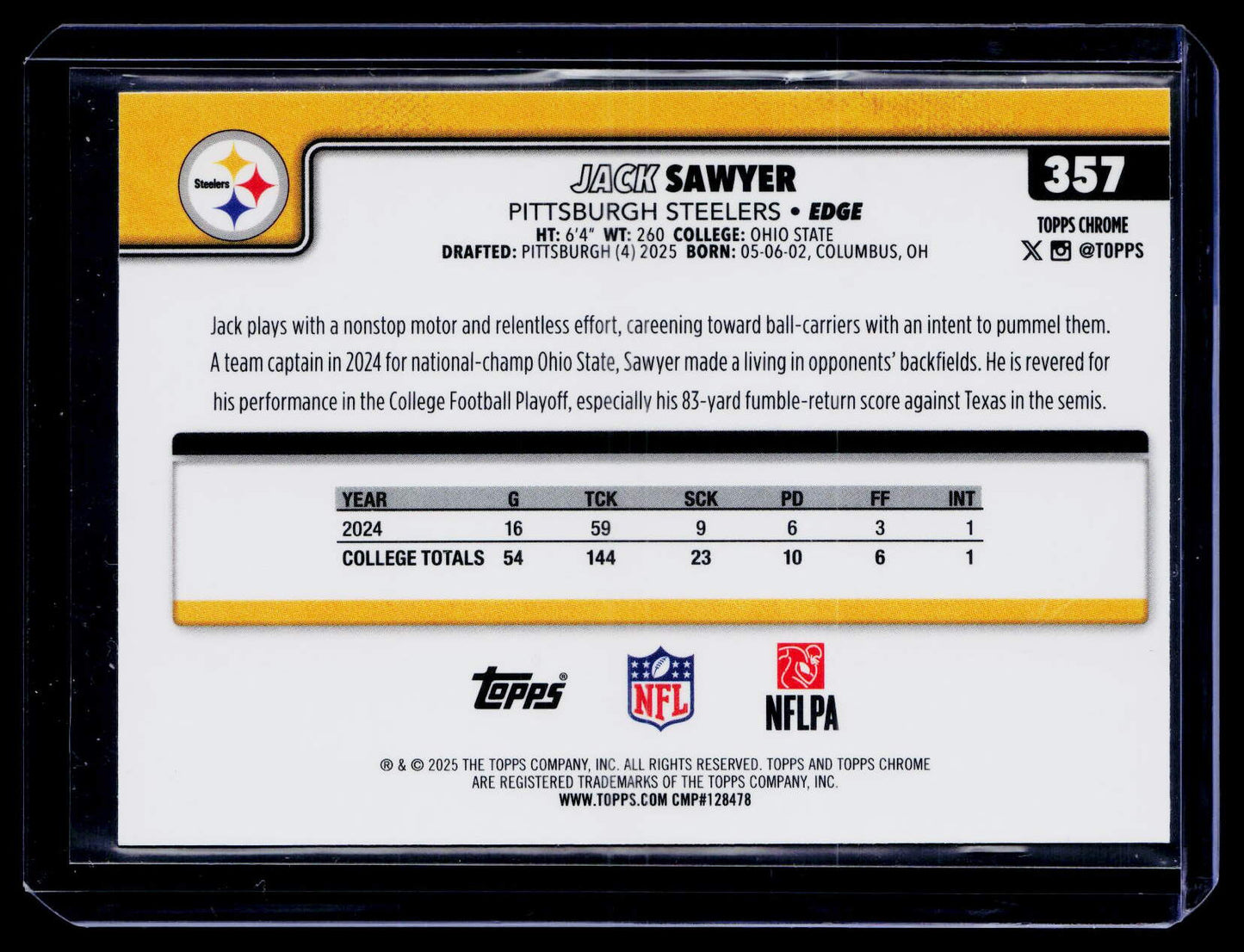 2025 Topps Chrome #357 Jack Sawyer Team Camo