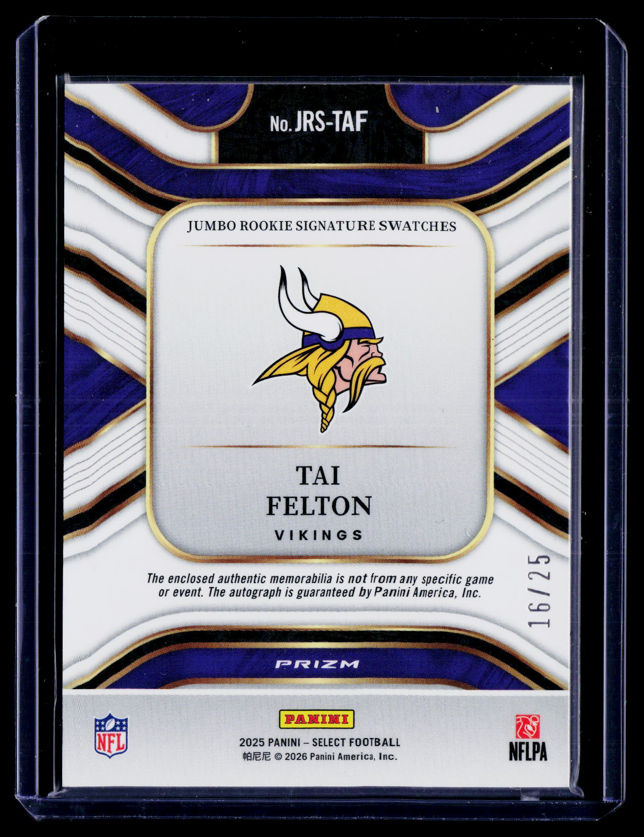 2025 Panini Select #JRS-TAF Tai Felton Jumbo Rookie Signature Tie-Dye Prizm /25
