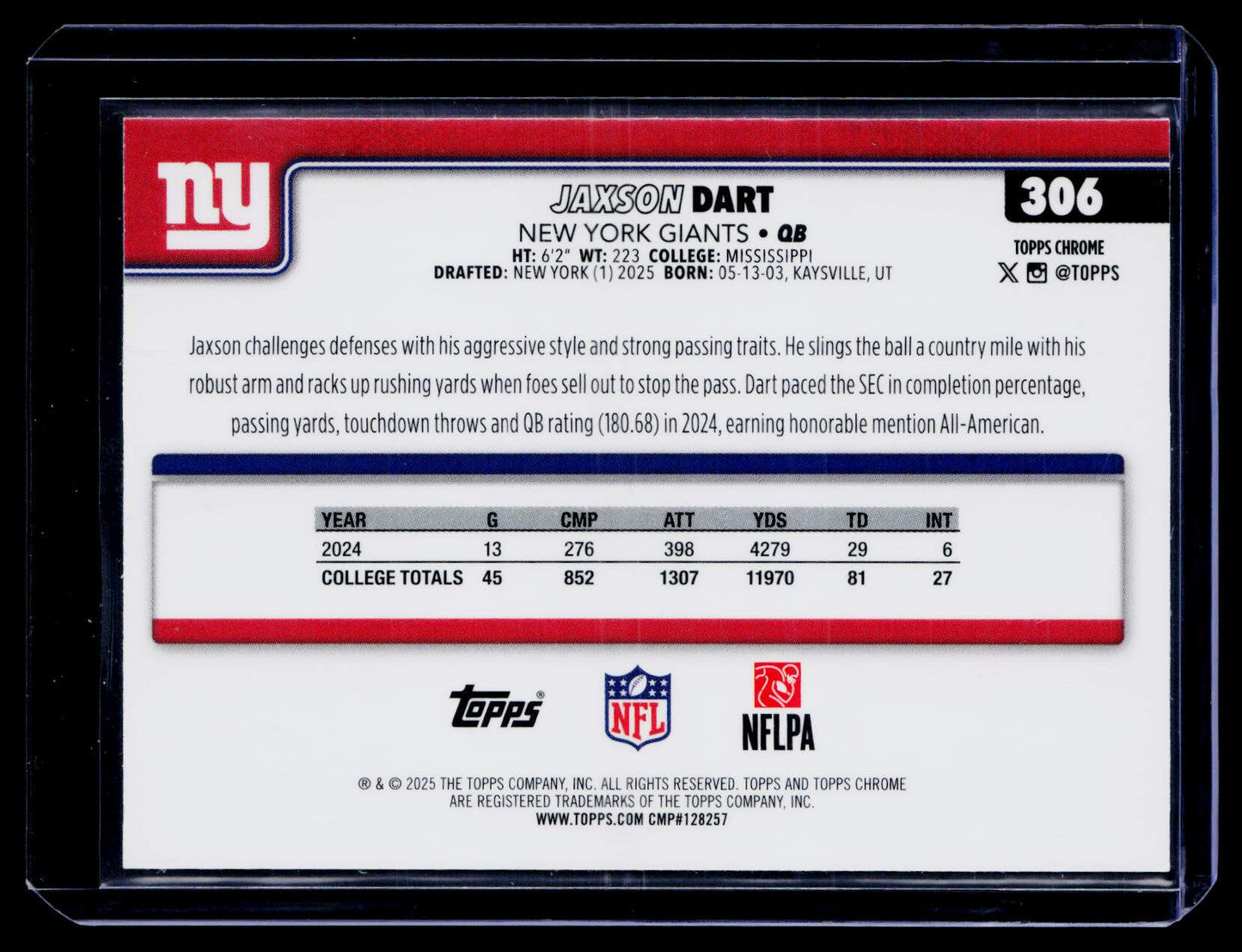 2025 Topps Chrome #306 Jaxson Dart Ray Wave Refractor
