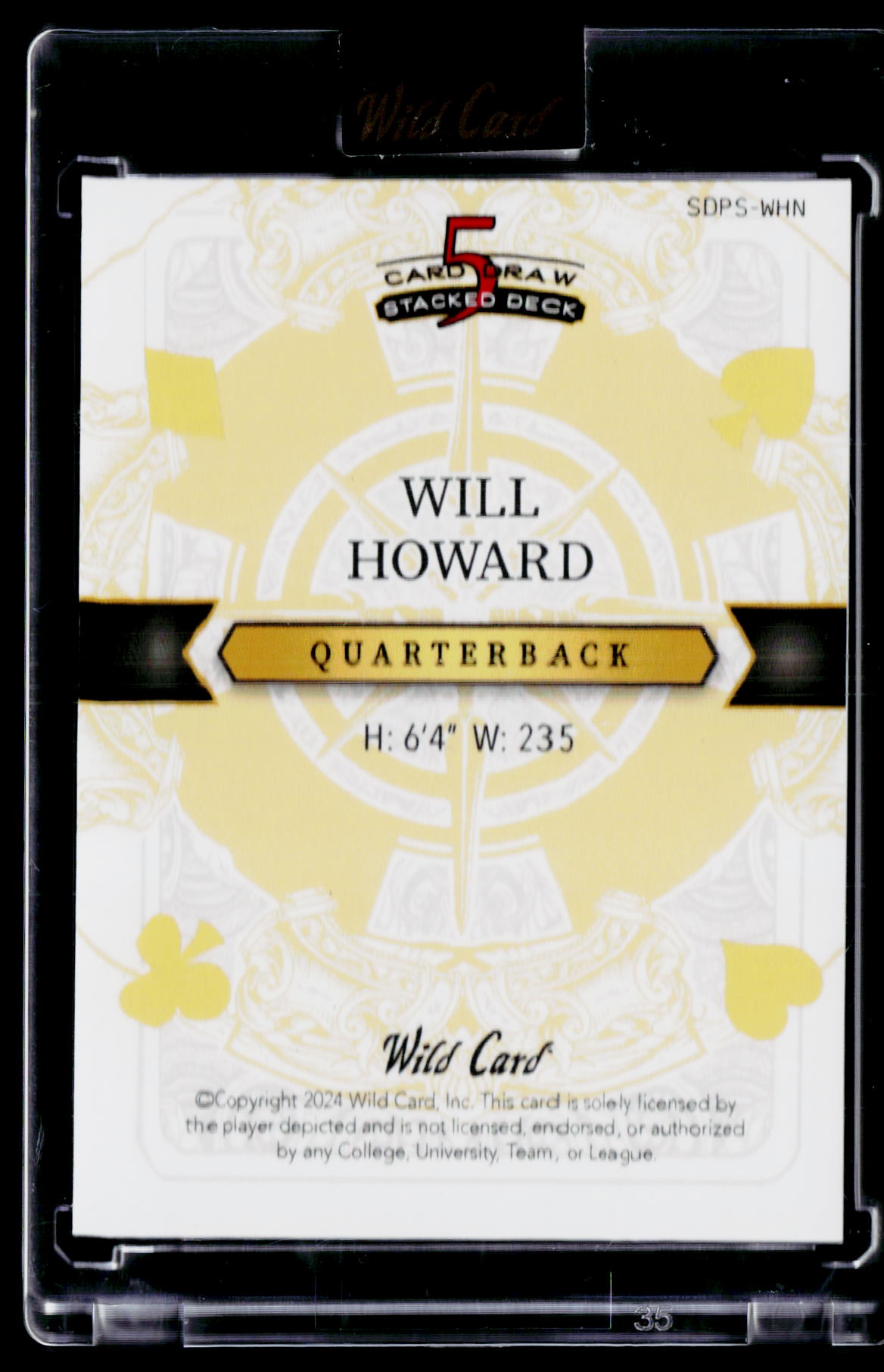 2024 Wild Card 5 Card Draw Stacked Deck Will Howard Ace Rainbow Spade Black #/1