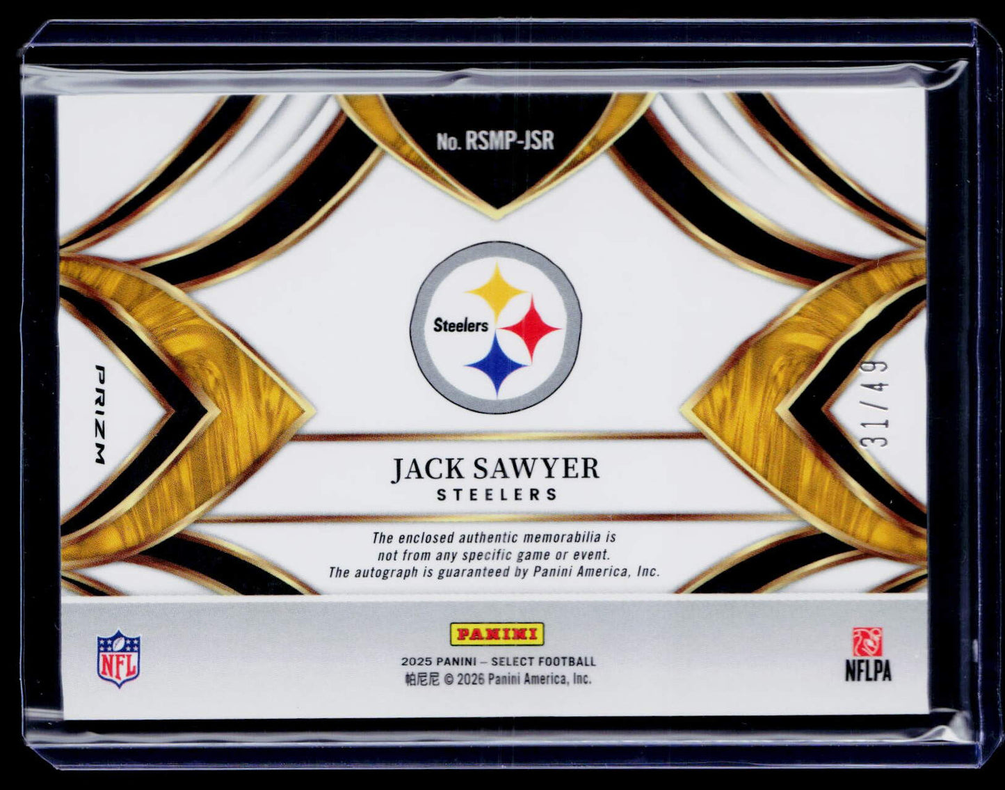 2025 Panini Select Jack Sawyer Rookie Signature Memorabilia Purple Prizm #/49