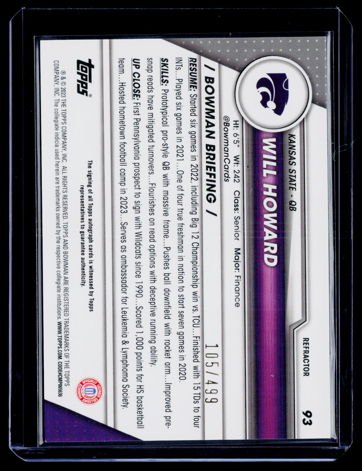 2023 Bowman University Chrome #93 Will Howard Prospect Autograph Refractor #/499
