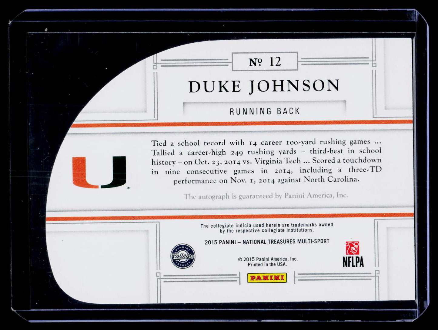 2015 National Treasures #12 Duke Johnson College FB Signature Die Cuts #/99