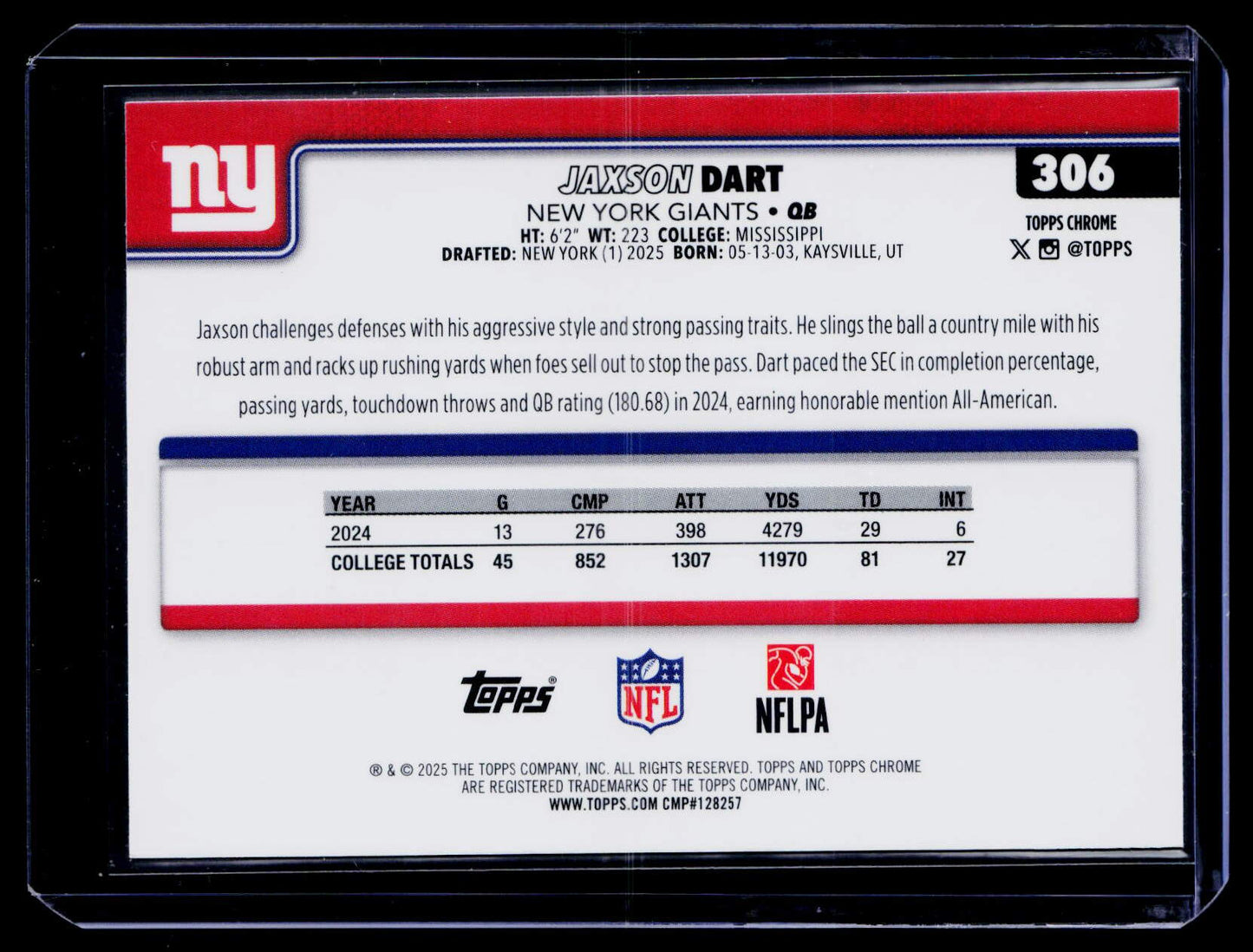 2025 Topps Chrome #306 Jaxson Dart Pink X-Fractor