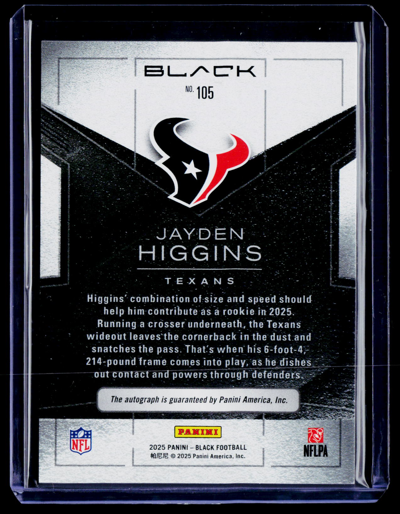 2025 Panini Black #105 Jayden Higgins Rookies Autographs #/199