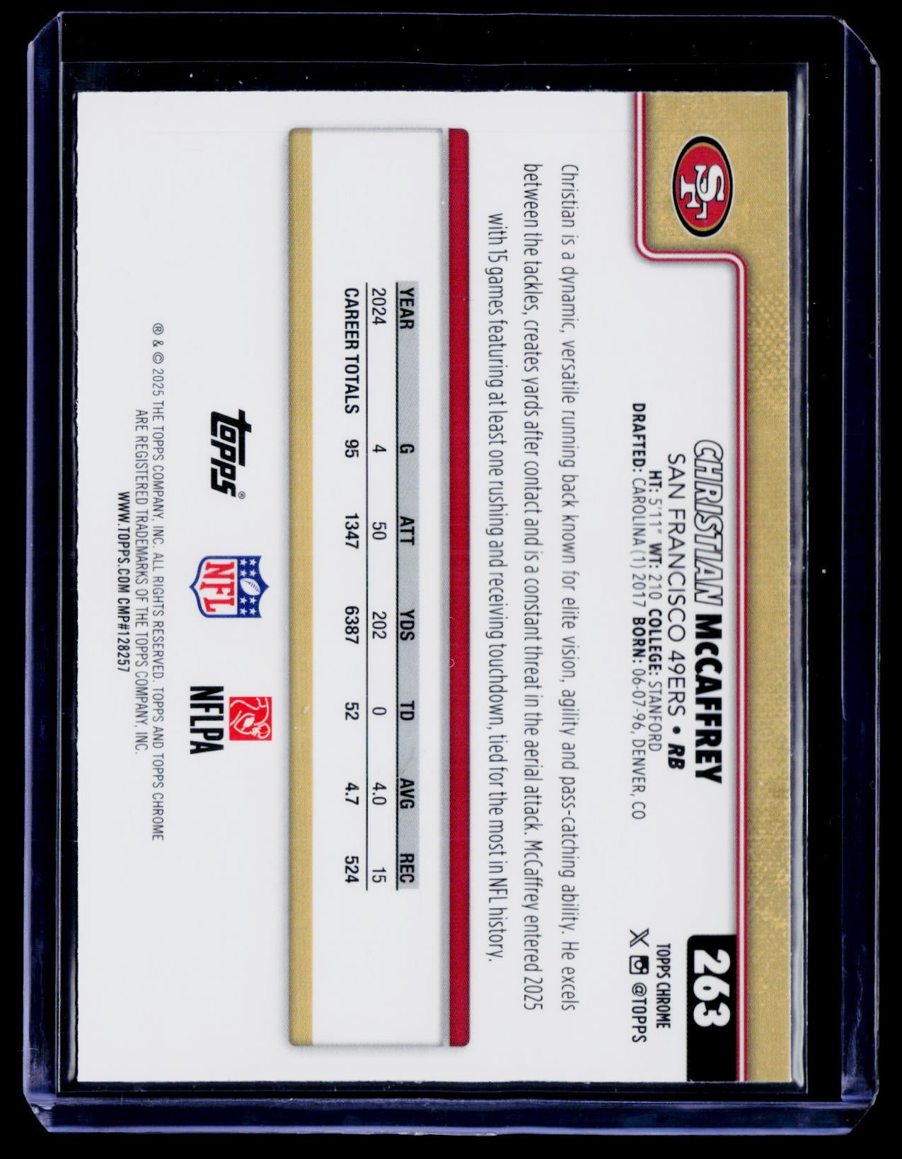 2025 Topps Chrome #263 Christian McCaffrey Aqua Wave Refractor #/199