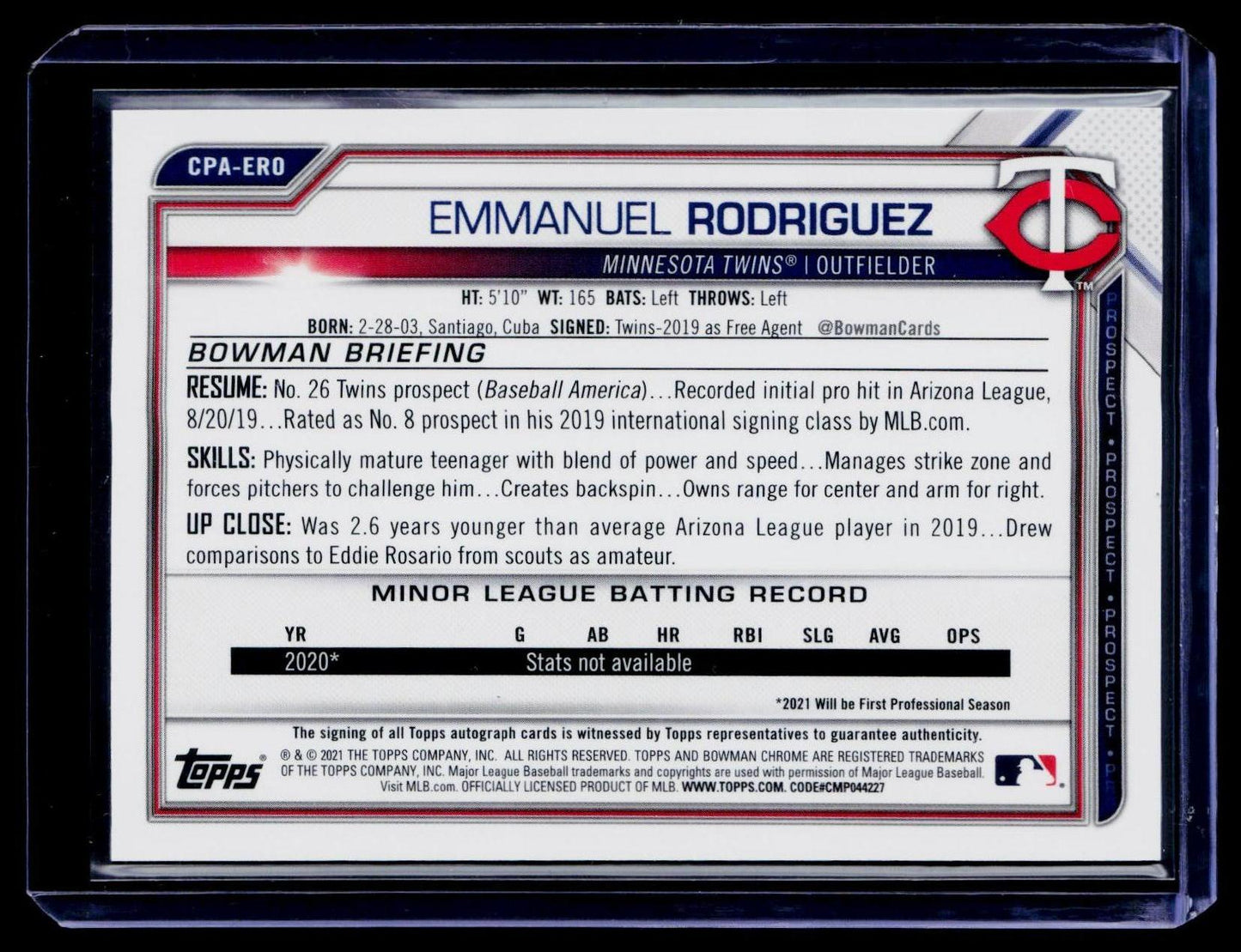 2021 Bowman Chrome #CPA-ERO Emmanuel Rodriguez Prospect Autographs