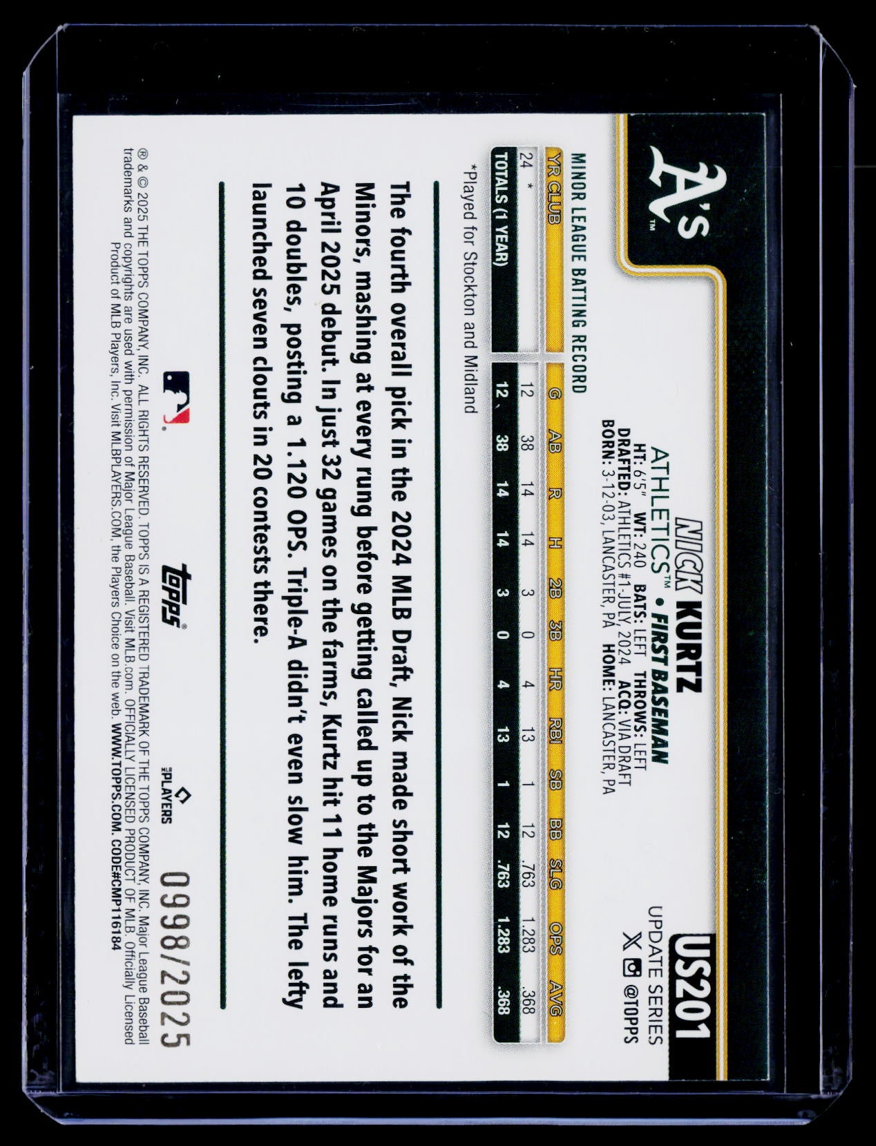 2025 Topps Update #US201 Nick Kurtz Gold #/2025