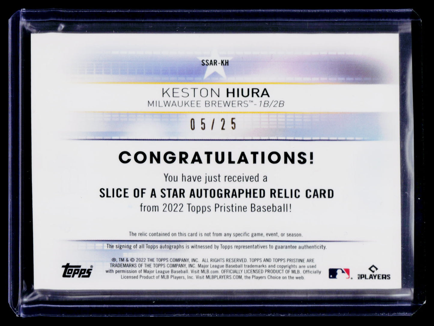 2022 Topps Pristine Keston Hiura Slice of a Star Autograph Relics Orange #/25