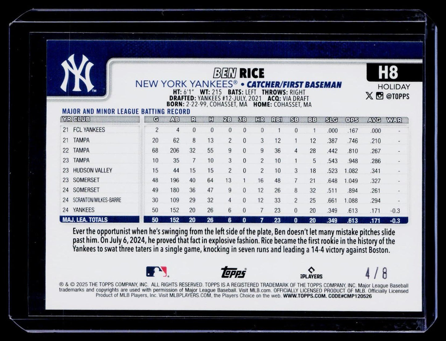 2025 Topps Holiday #H8 Ben Rice Light Blue Menorah #/8