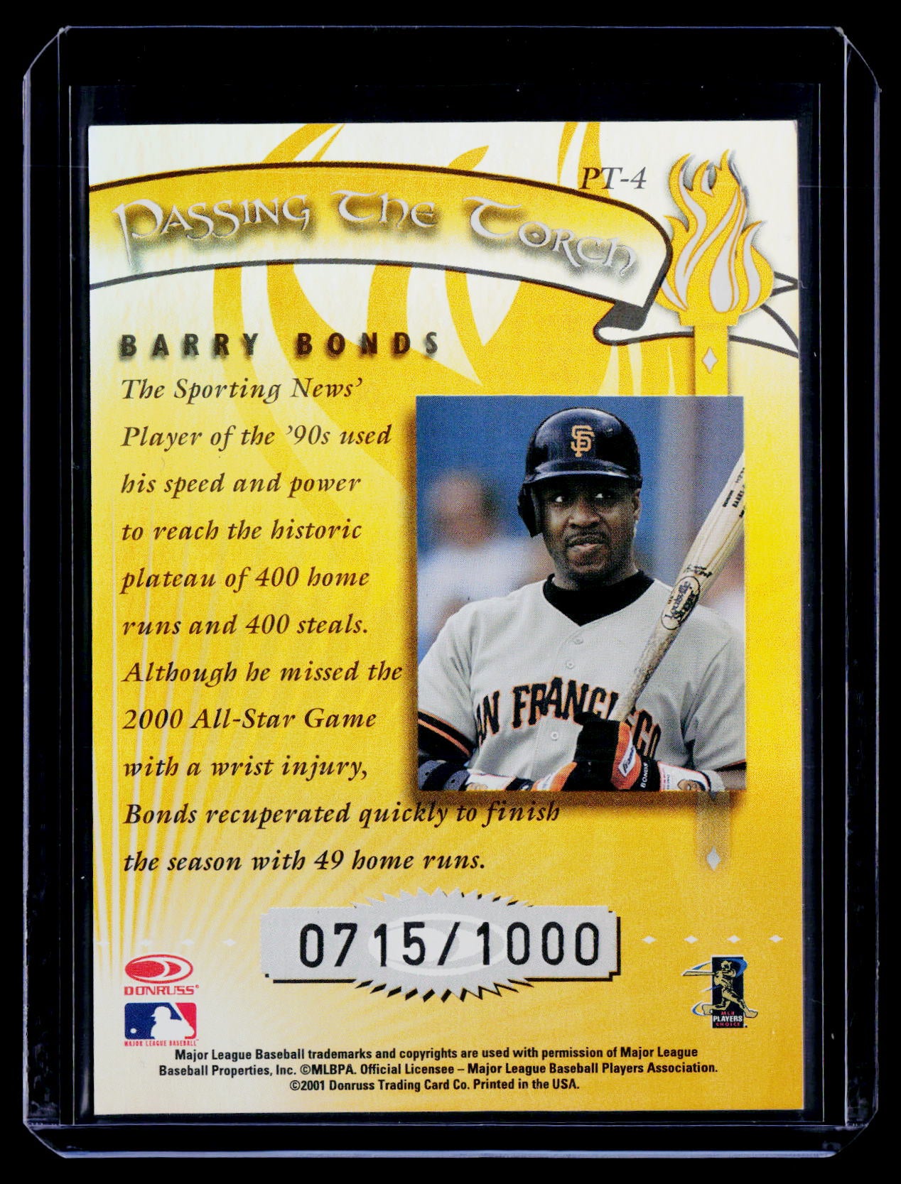 2001 Donruss Elite #PT-4 Barry Bonds Passing the Torch #/1000