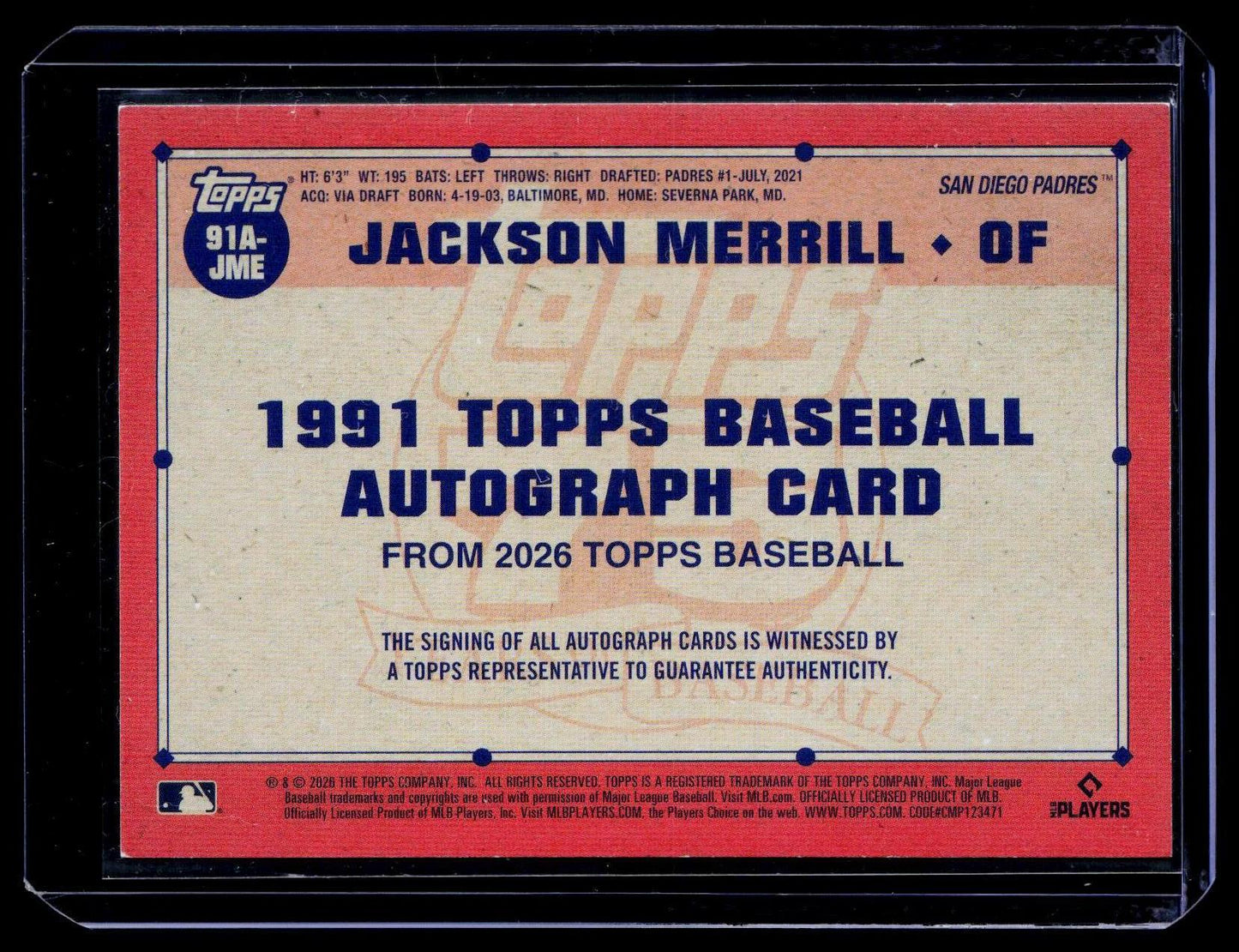 2026 Topps Jackson Merrill 1991 Topps Baseball 35th Anniversary Auto Gold #/50