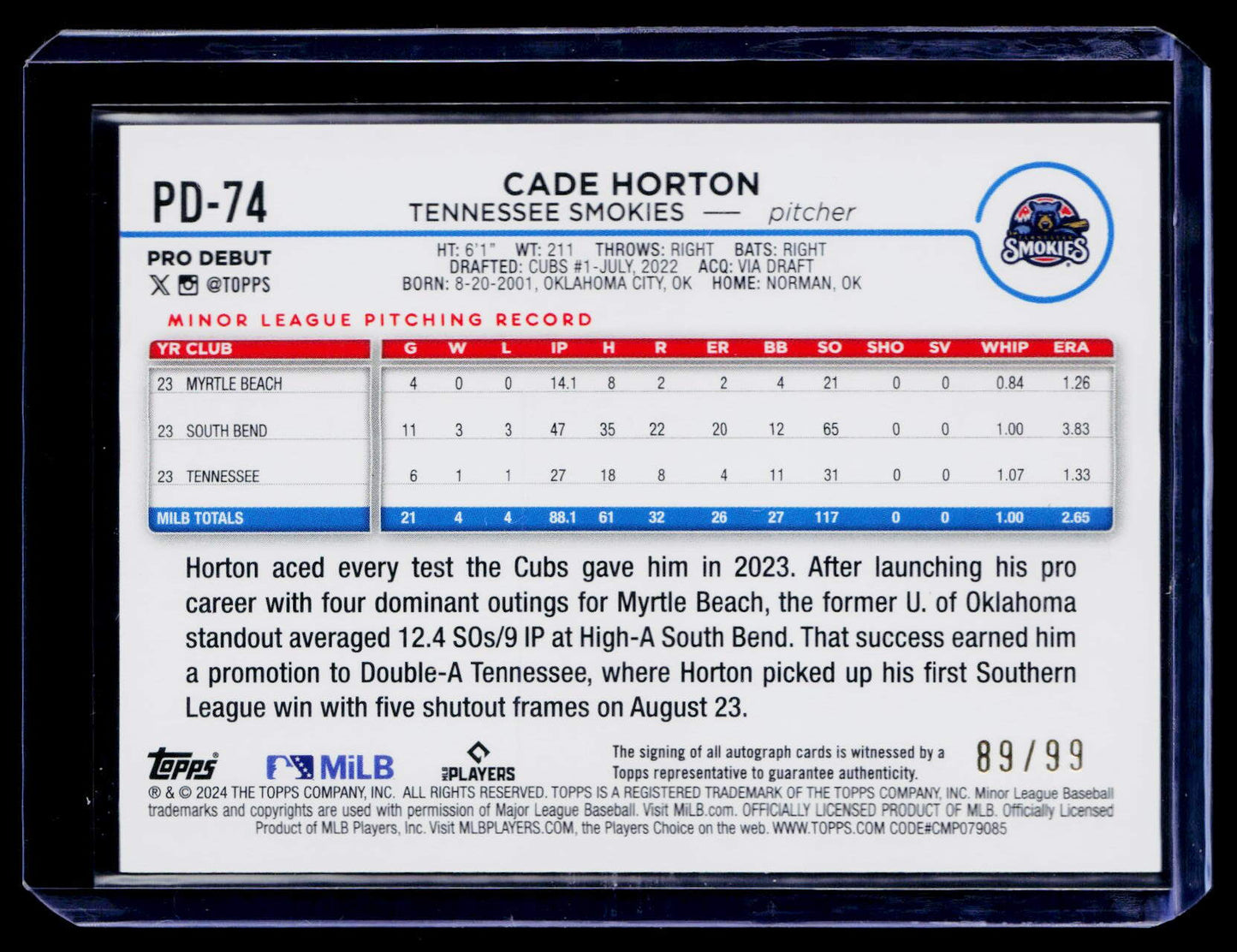 2024 Topps Pro Debut #PD-74 Cade Horton Autographs Green #/99