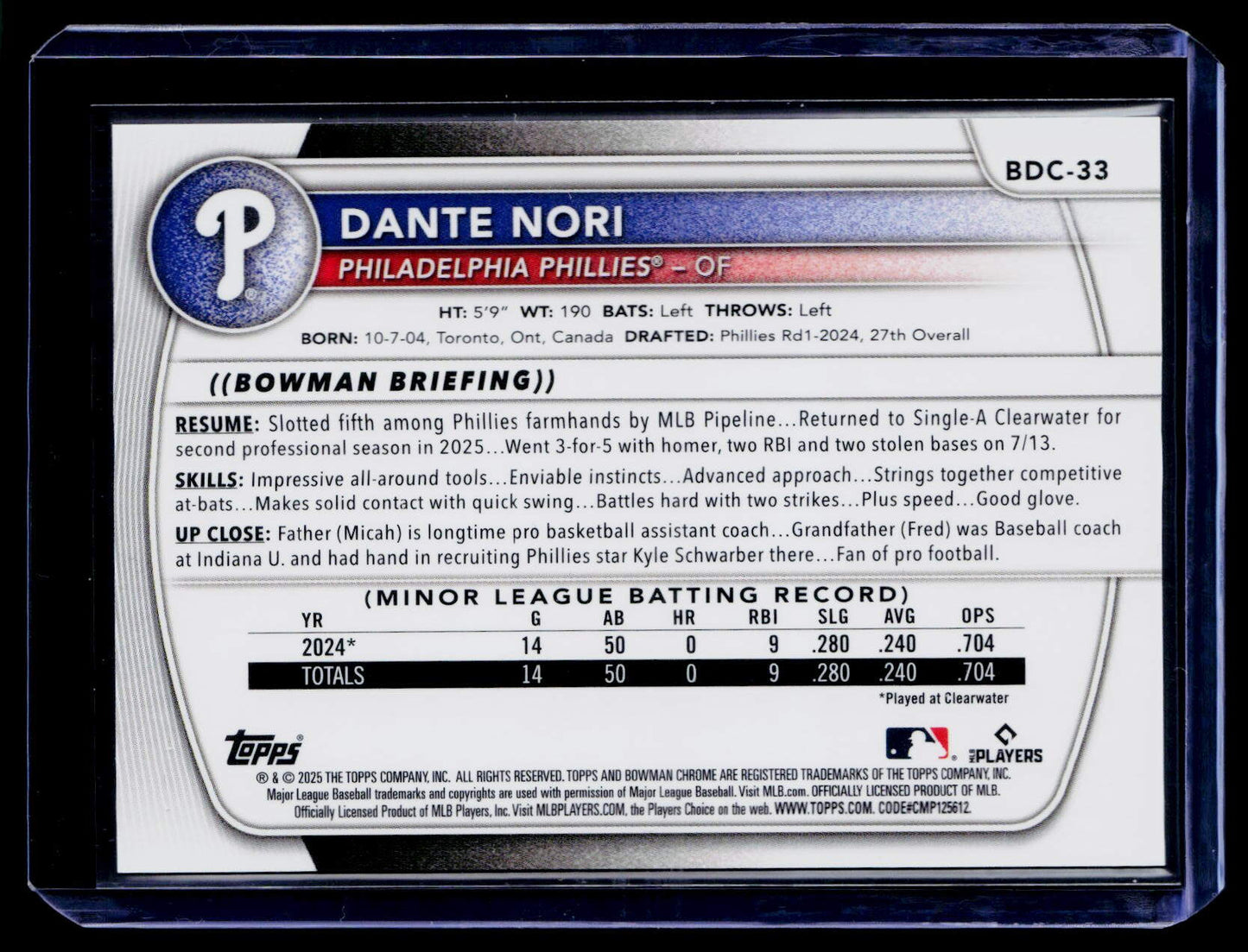 2025 Bowman Draft Sapphire Edition #BDC-33 Dante Nori Gold Sapphire #/50