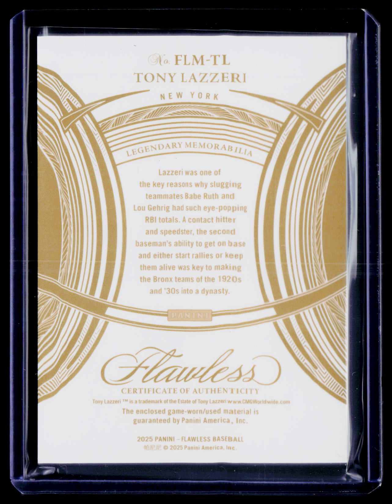 2025 Panini Flawless #FLM-TL Tony Lazzeri Flawless Legendary Memorabilia #/25