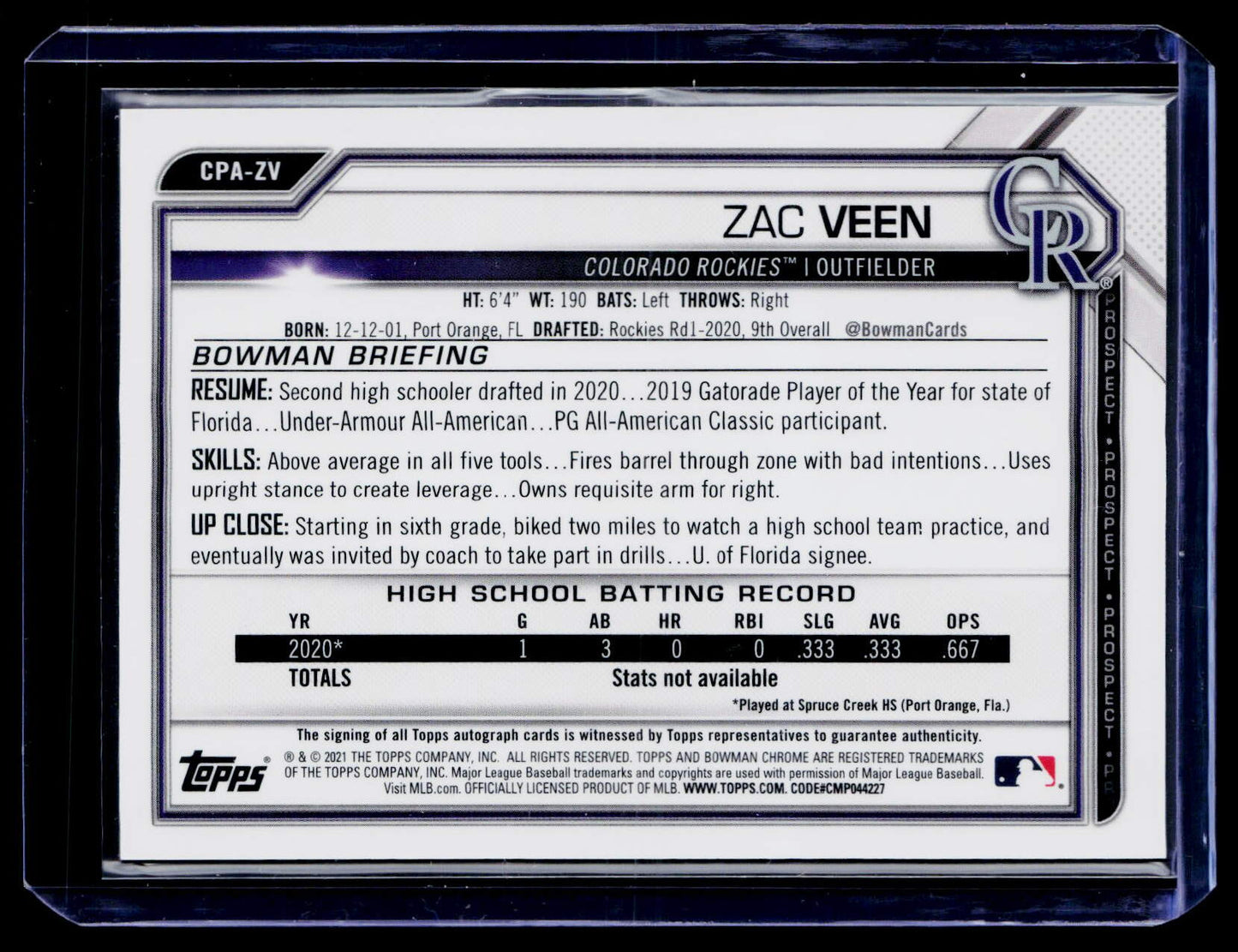 2021 Bowman #CPA-ZV Zac Veen Chrome Prospect Autographs Green Refractor #/99