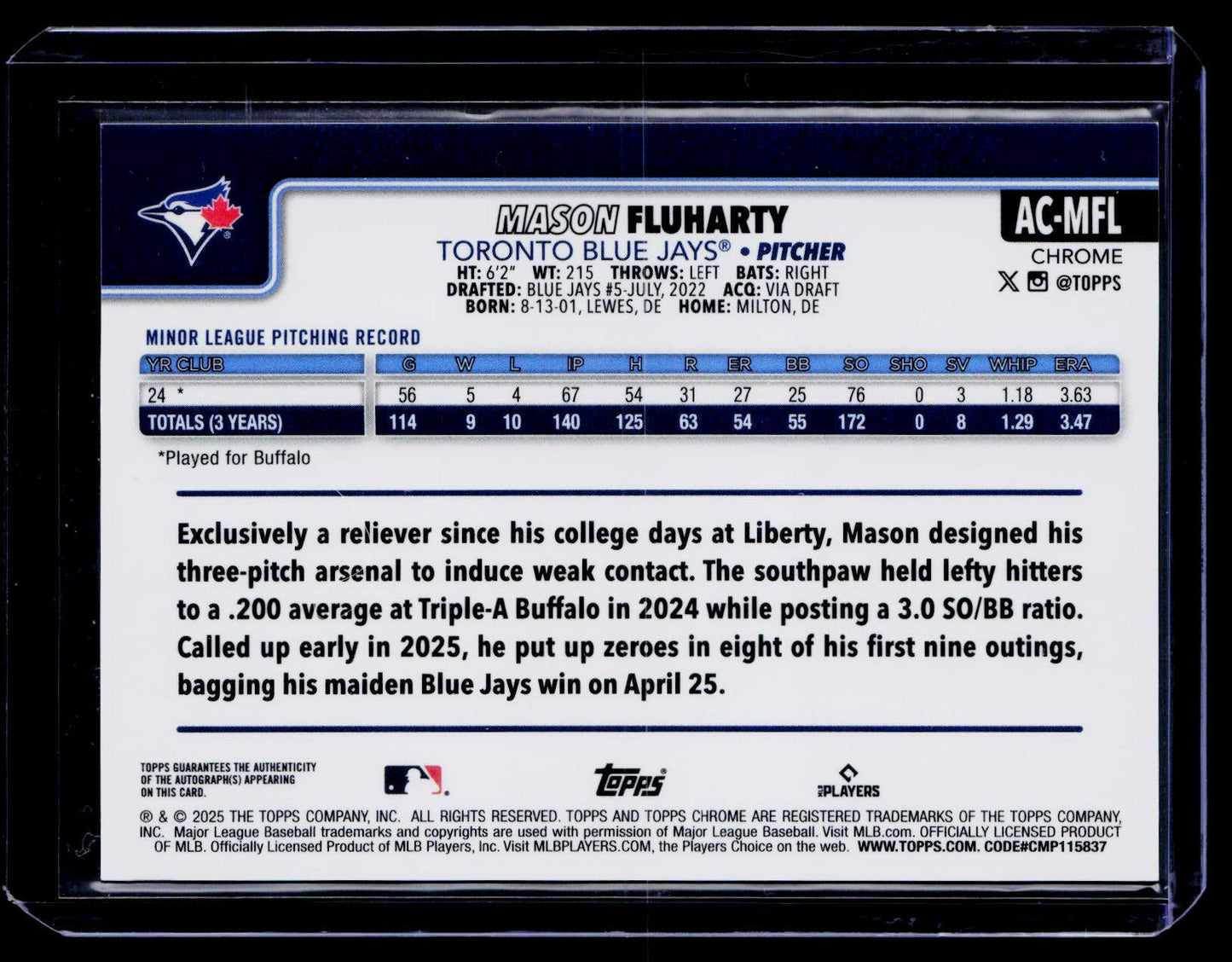 2025 Topps Chrome Update #AC-MFL Mason Fluharty Autographs Blue Refractors #/150