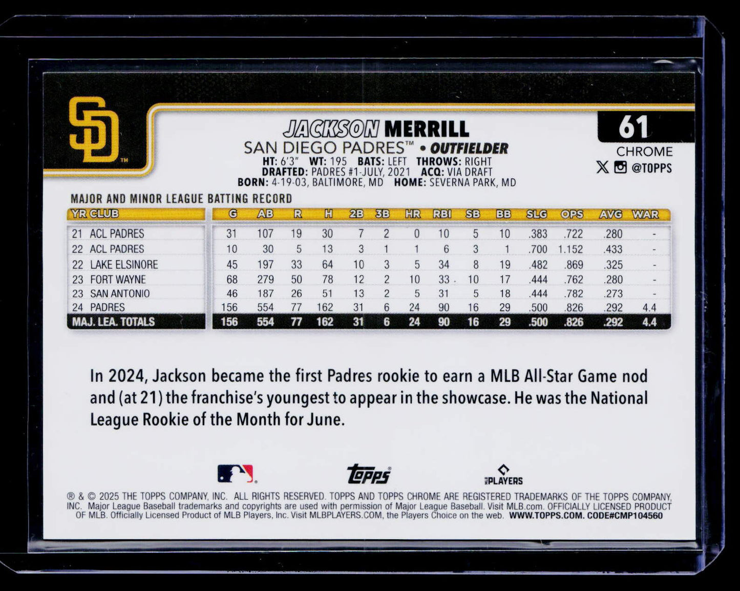 2025 Topps Chrome Logofractor Edition #61 Jackson Merrill Black Refractors #/10