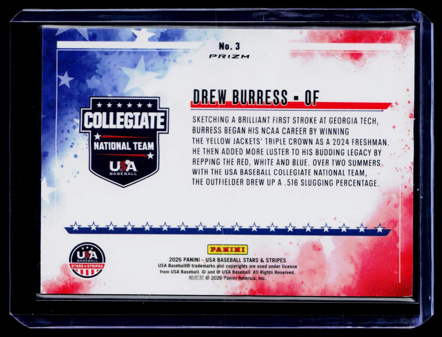 2026 Panini Stars & Stripes Prizm USA Baseball #3 Drew Burress Color Blast