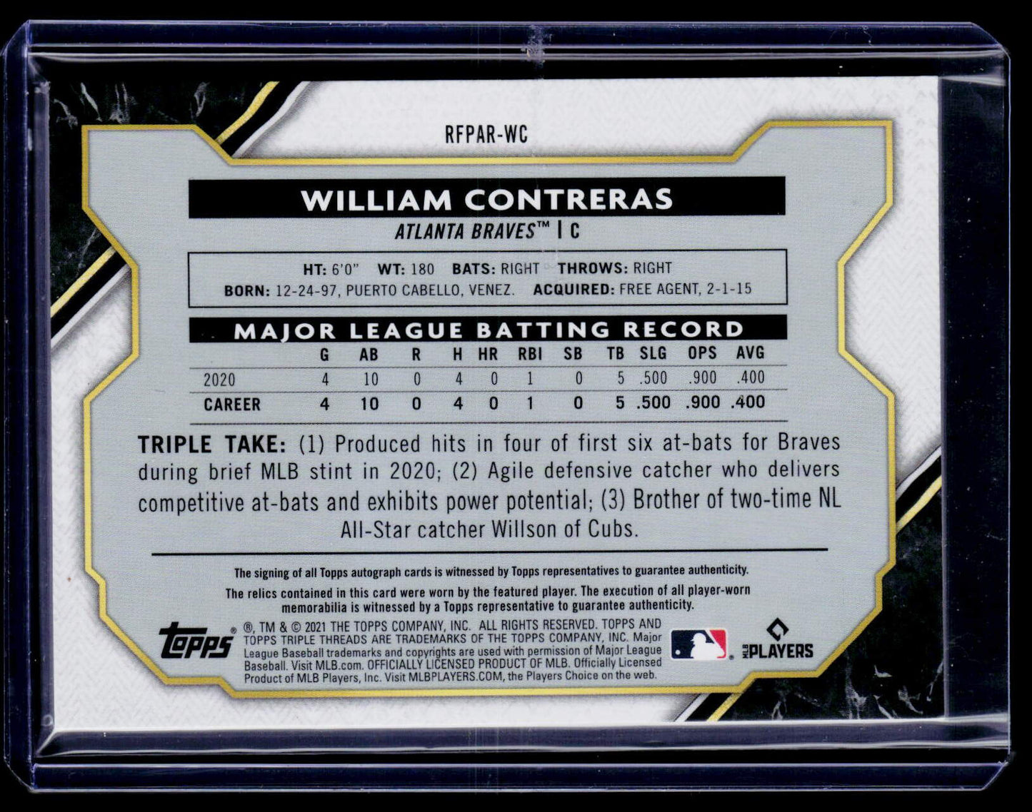 2021 Topps Triple Threads William Contreras Rookie Autograph Relics Onyx #/25