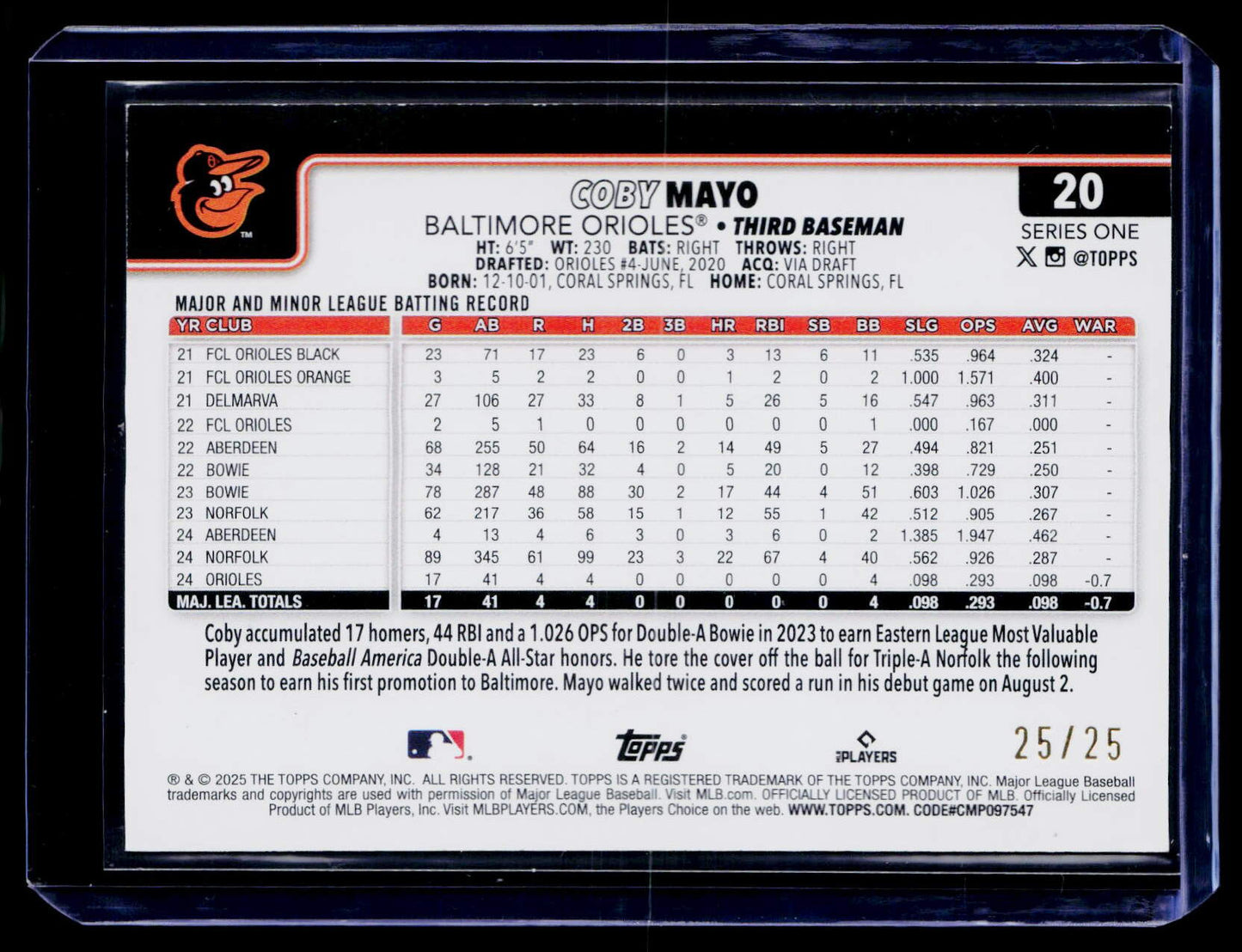 2025 Topps #20 Coby Mayo Wood #/25