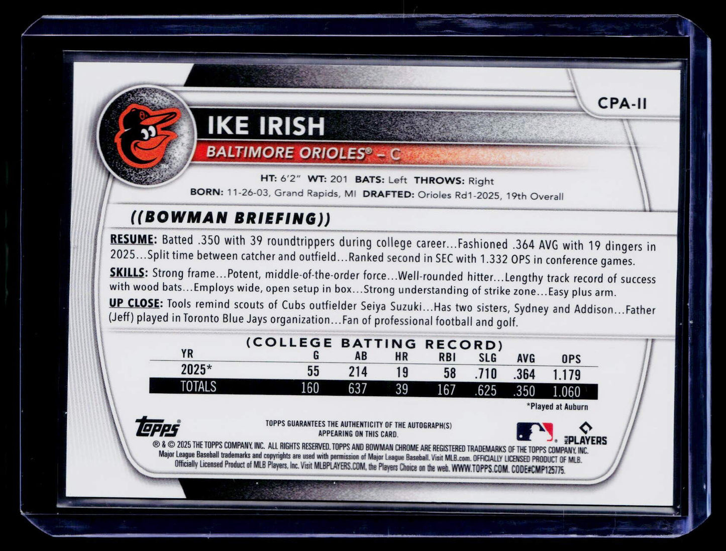 2025 Bowman Draft Sapphire Edition Ike Irish Chrome Prospect Autographs #/199