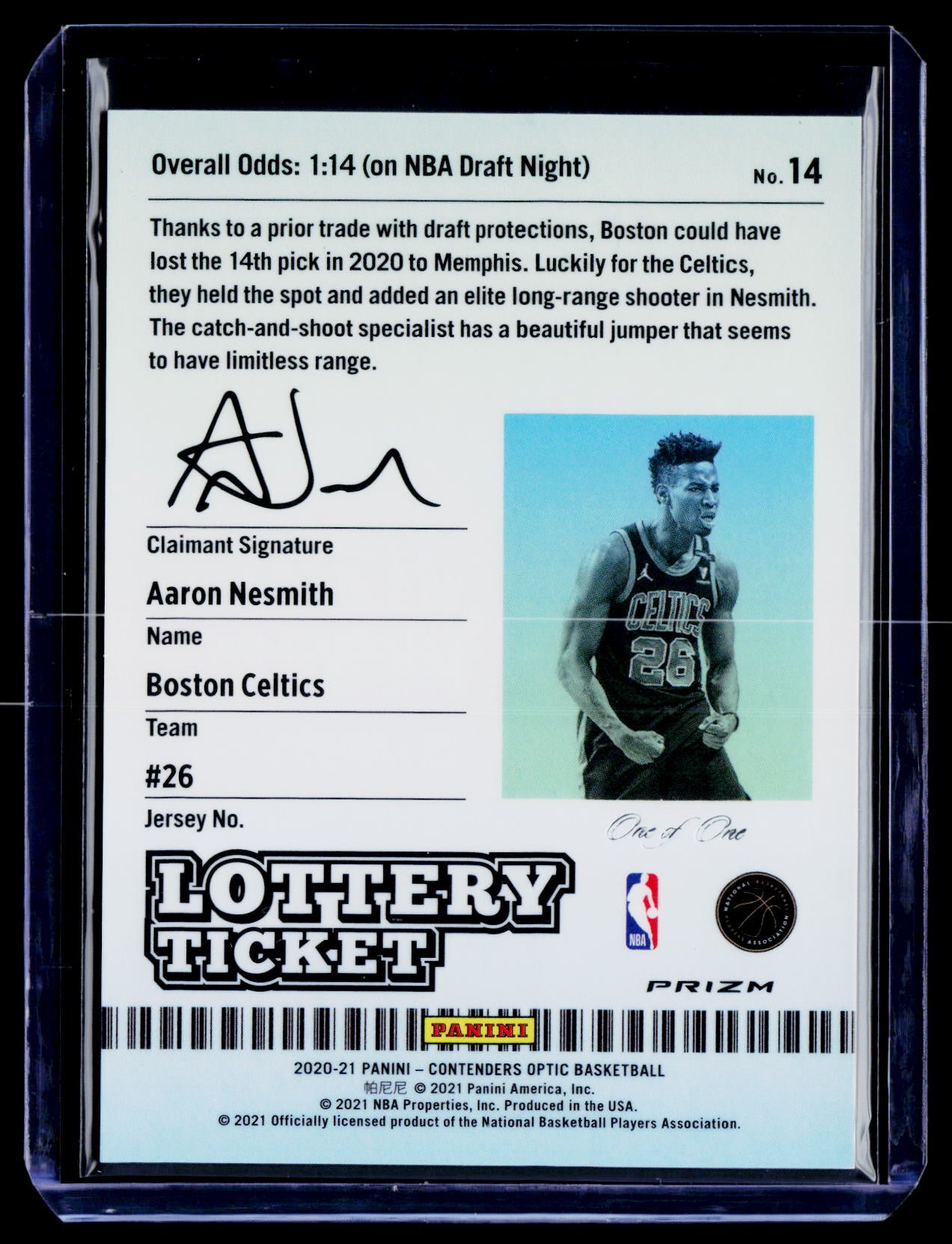 2020-21 Panini Contenders Optic #14 Aaron Nesmith Lottery Ticket Gold Vinyl #/1