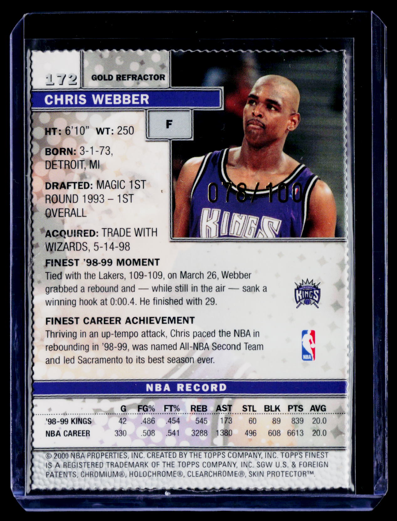 1999-00 Finest #172 Chris Webber Gold Refractors #/100