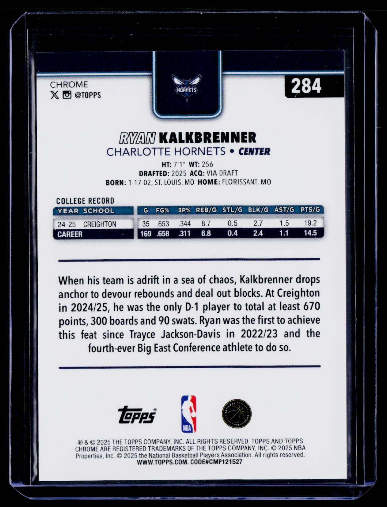 2025-26 Topps Chrome #284 Ryan Kalkbrenner Gold Pulsar Refractor #/50