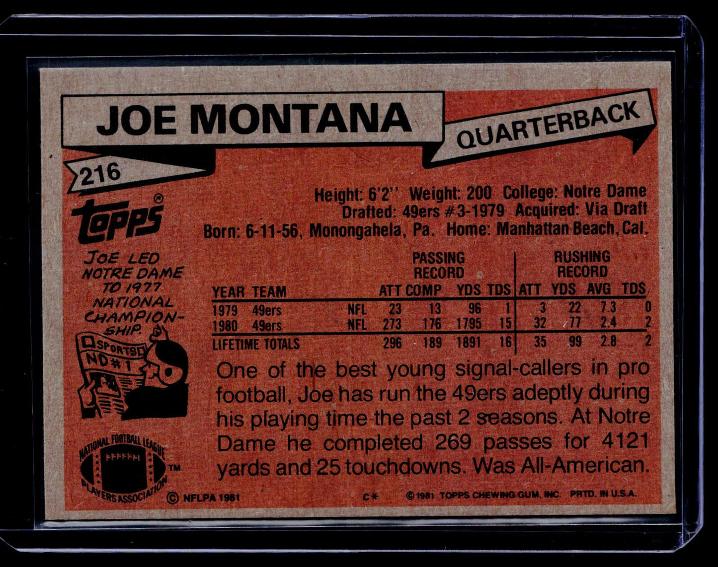 1981 Topps #216 Joe Montana