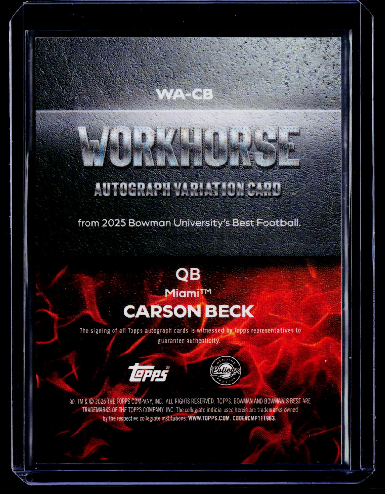 2025 Bowman University Best #WA-CB Carson Beck Workhorse Autographs