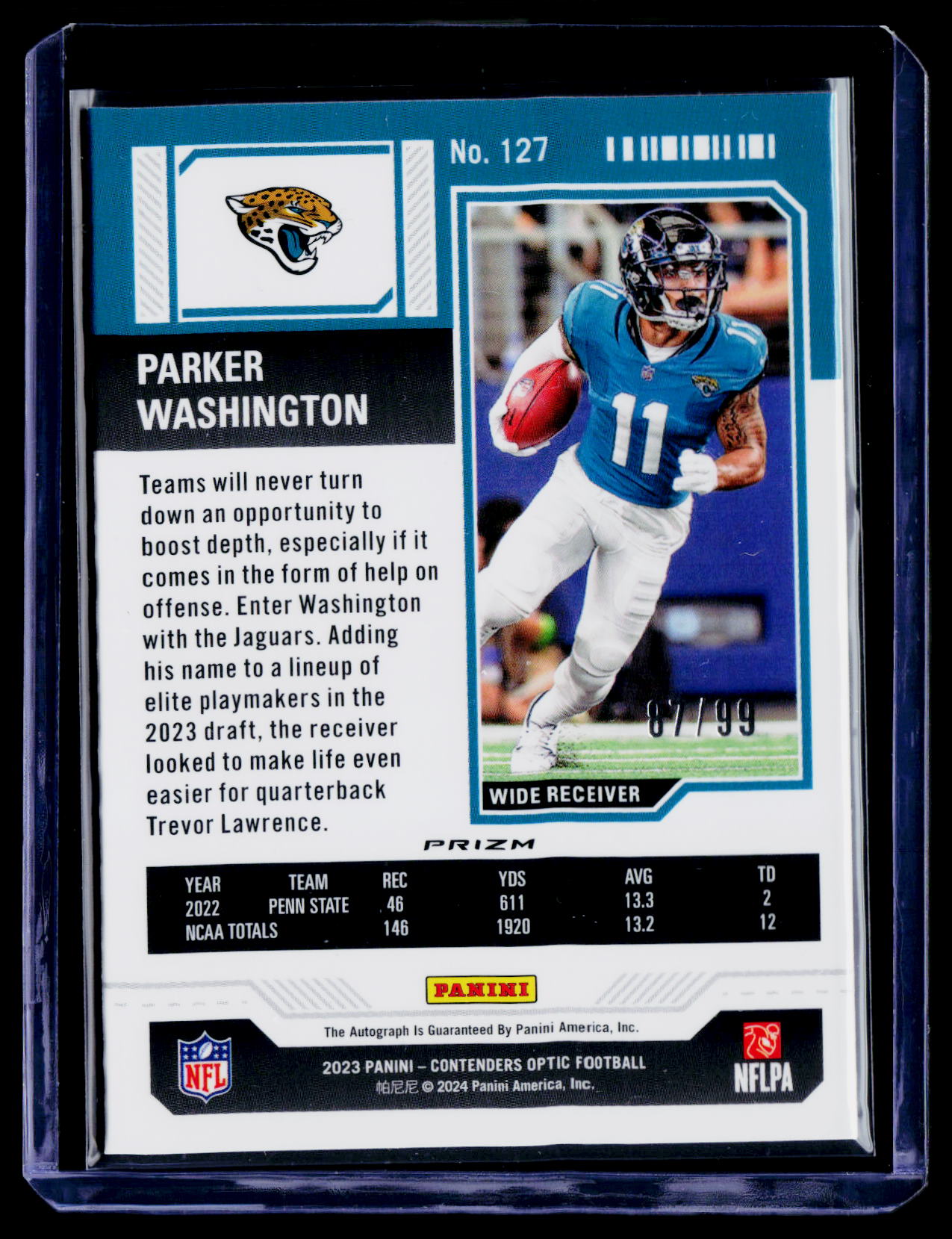 2023 Panini Contenders Optic #127 Parker Washington Teal #/99