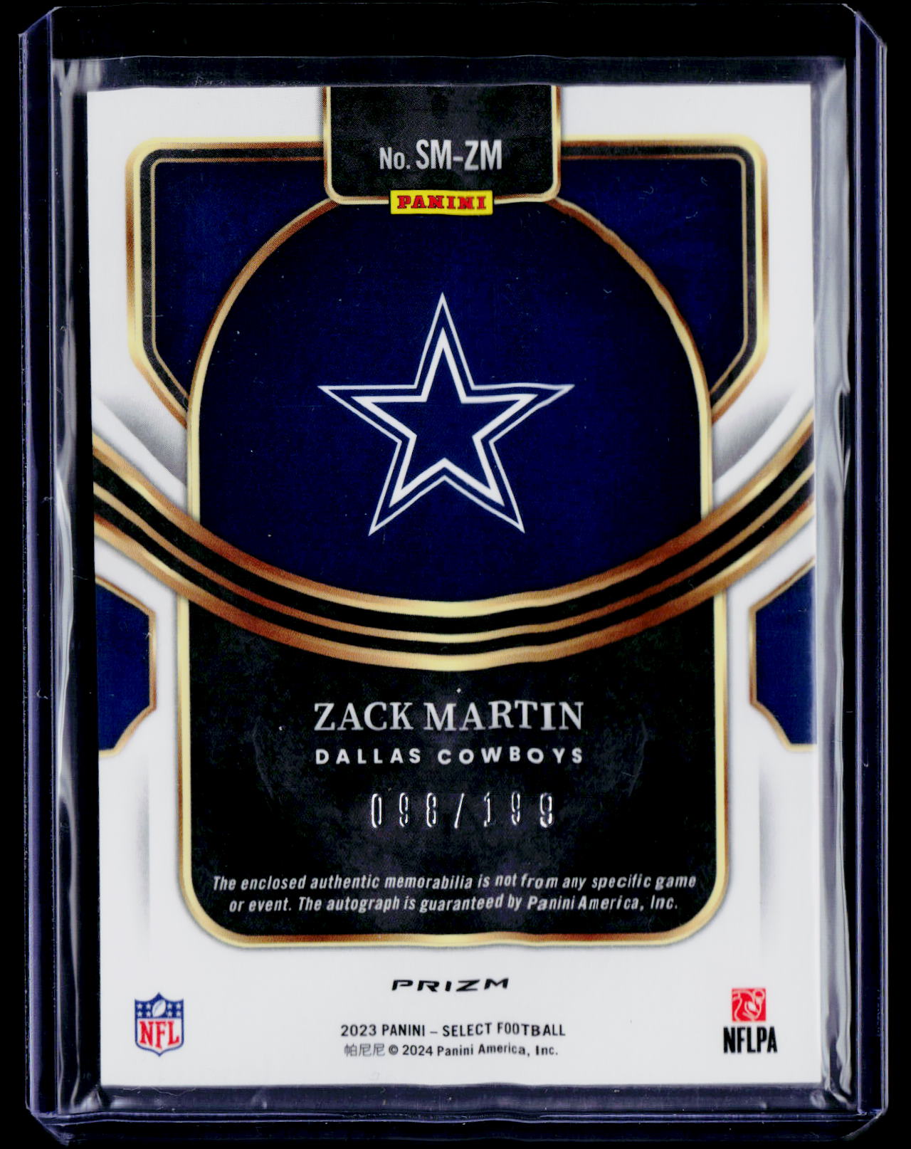 2023 Panini Select #SM-ZM Zack Martin Signature Memorabilia Prizm #/199
