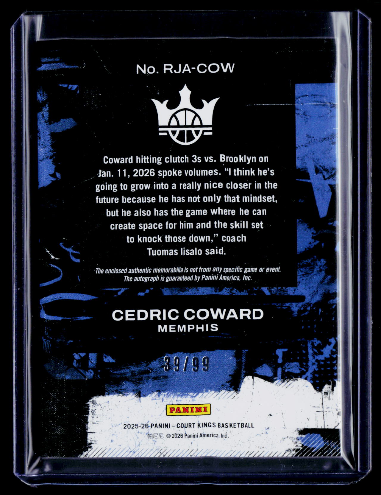 2025-26 Panini Court Kings #RJA-COW Cedric Coward Jersey Auto #/99