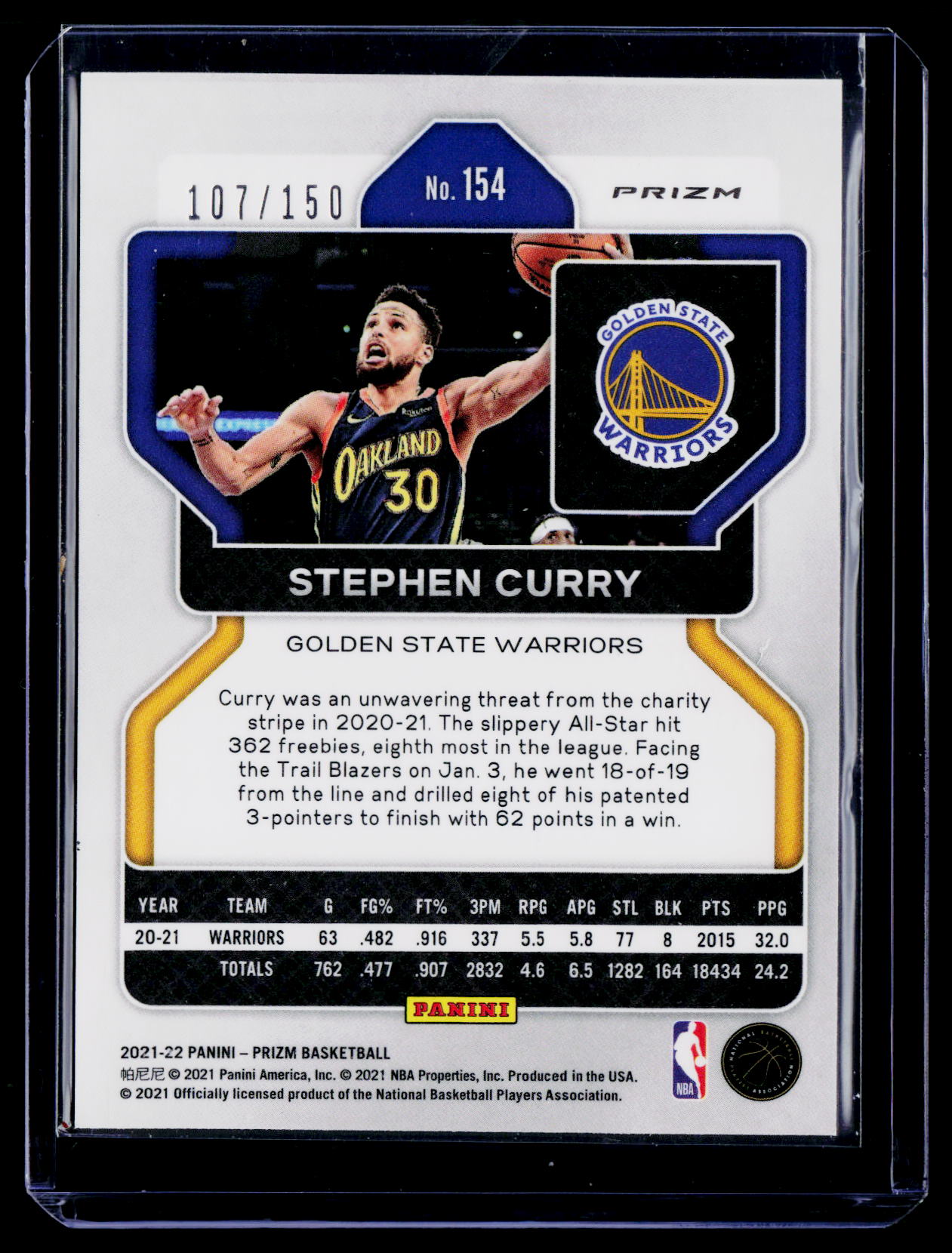2021-22 Panini Prizm #154 Stephen Curry Fast Break Blue #/150
