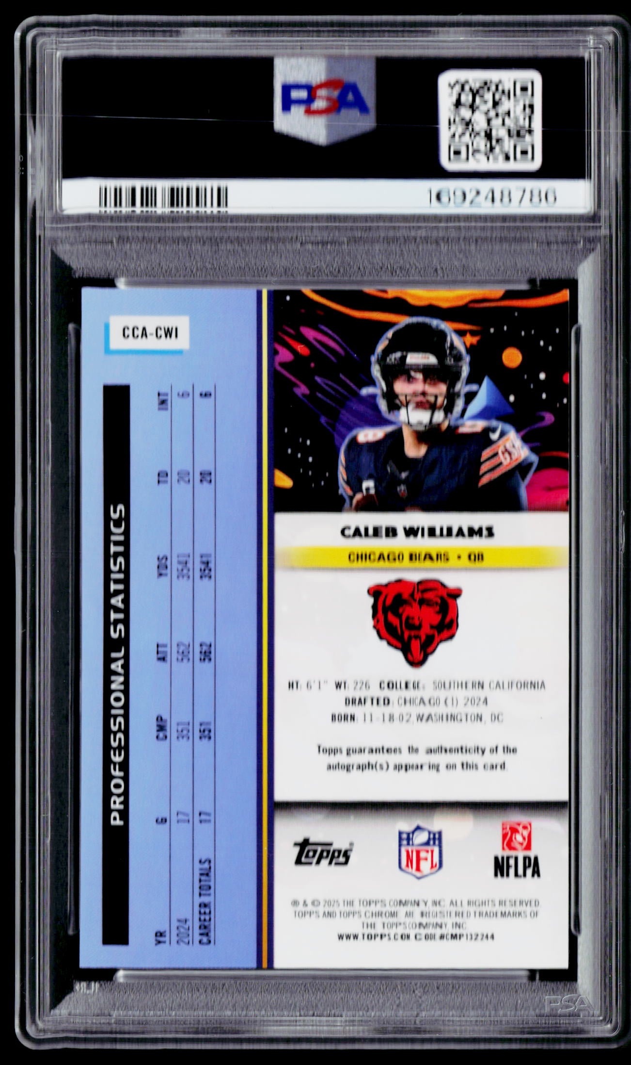 2025 Topps Chrome Cosmic Caleb Williams Auto Black Refractor #/10 PSA 10