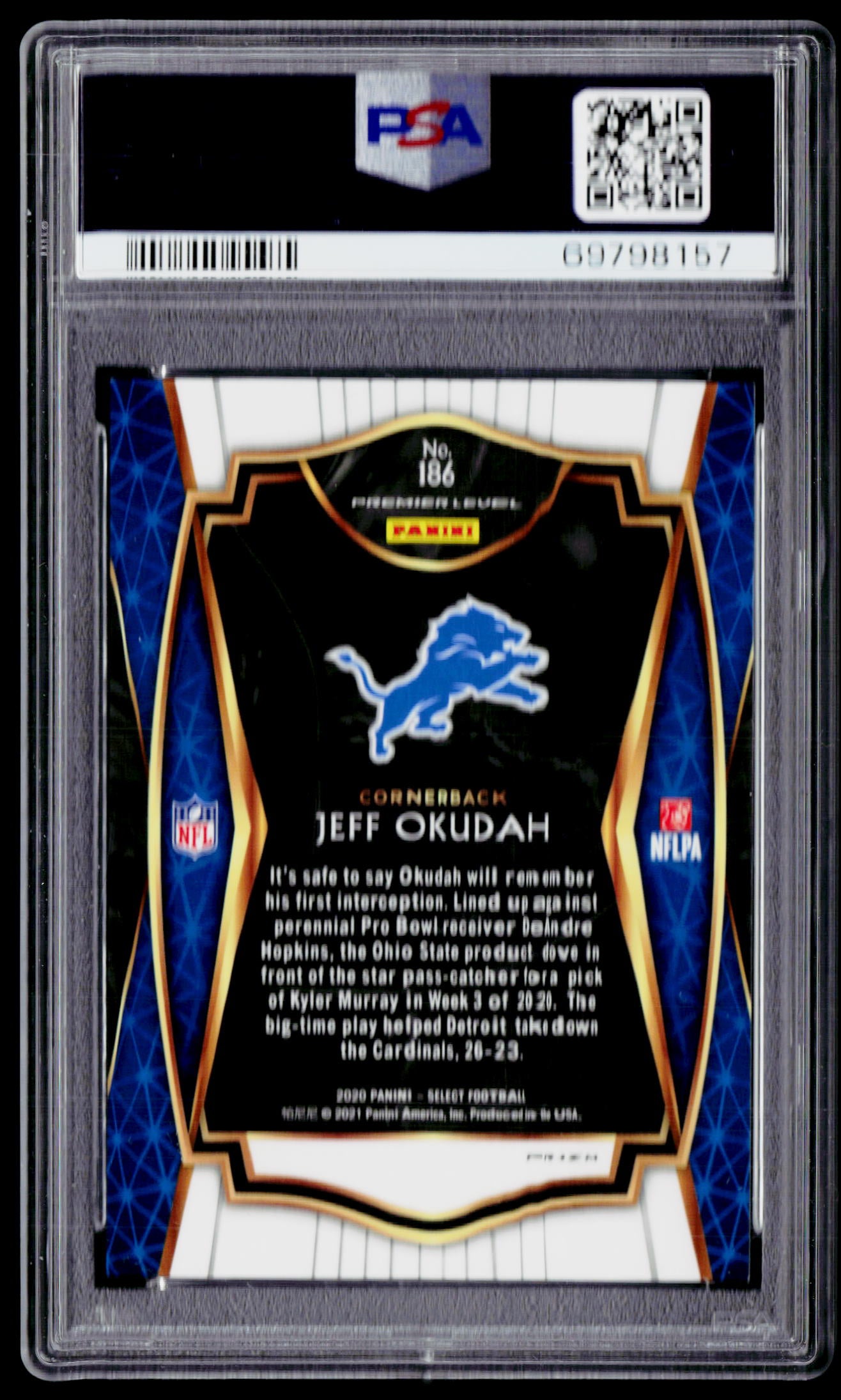 2020 Panini Select #186 Jeff Okudah Zebra Prizm PSA 10