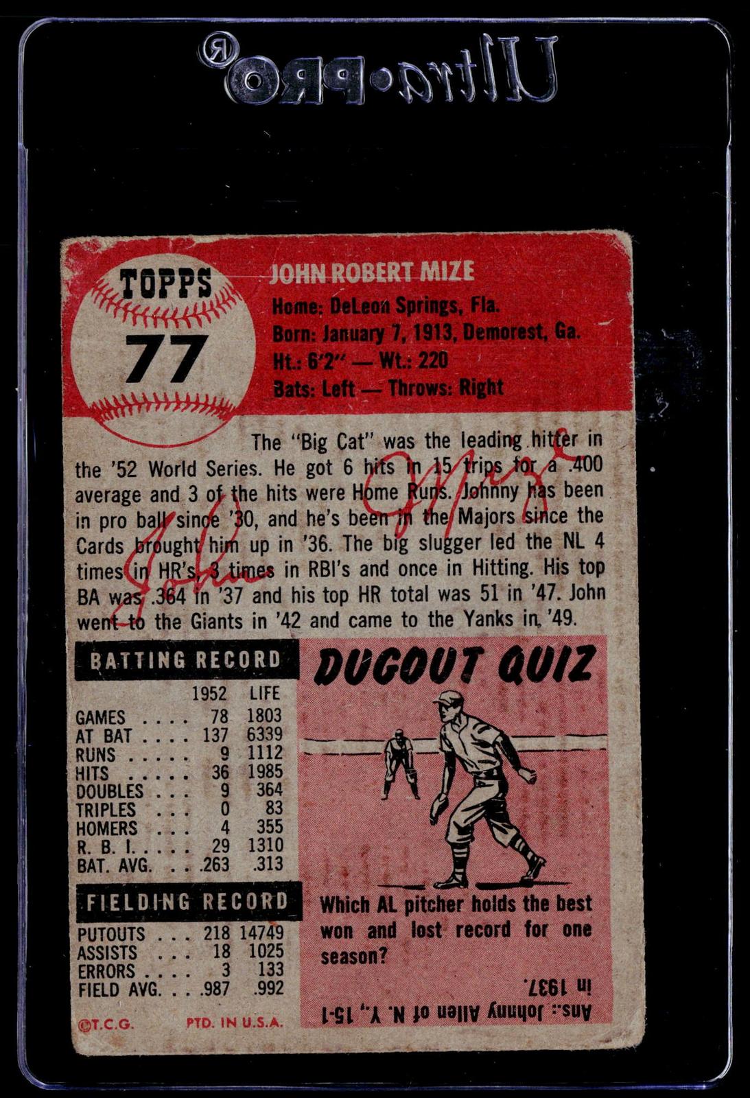 1953 Topps #77 Johnny Mize