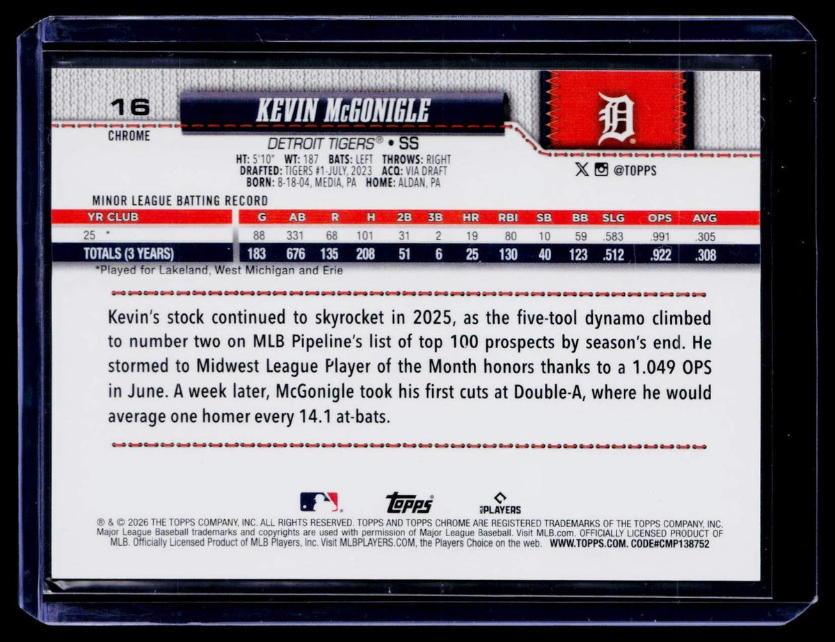 2026 Topps Chrome #16 Kevin McGonigle Gold Refractor #/50