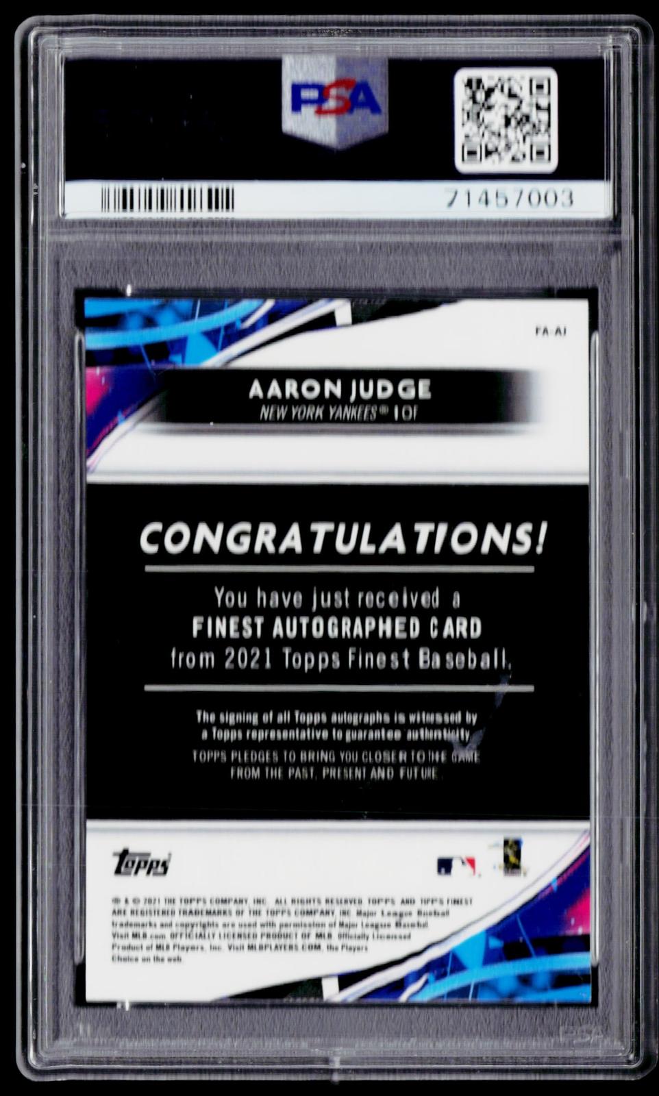 2021 Finest #FA-AJ Aaron Judge Finest Autographs PSA/DNA Auto 10