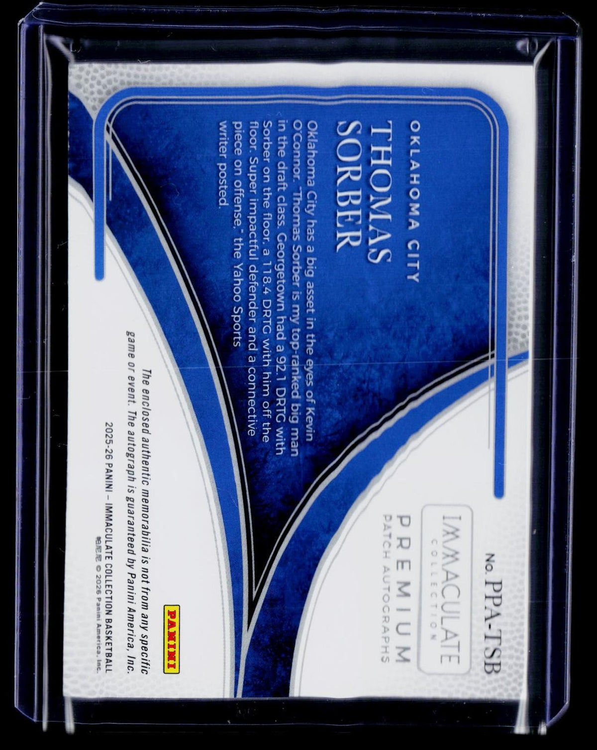 Immaculate Collection #PPA-TSB Thomas Sorber Premium Patch Autographs #/99