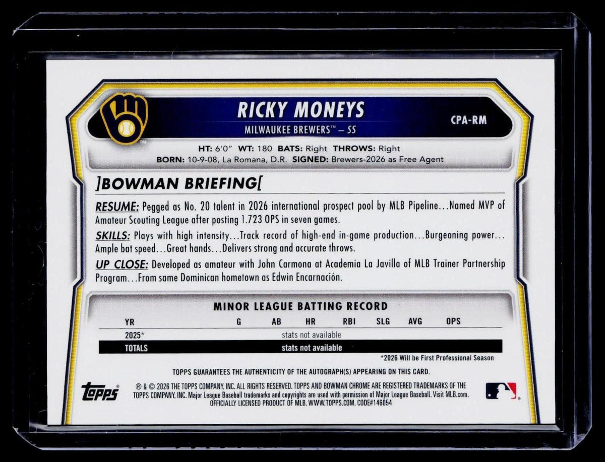 2026 Bowman Chrome #CPA-RM Ricky Moneys Prospect Autographs Black Refractor #/10