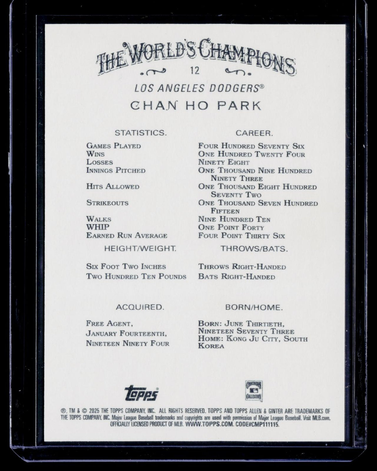 2025 Topps Allen & Ginter #12 Chan Ho Park Foil Filagree Gold #/50