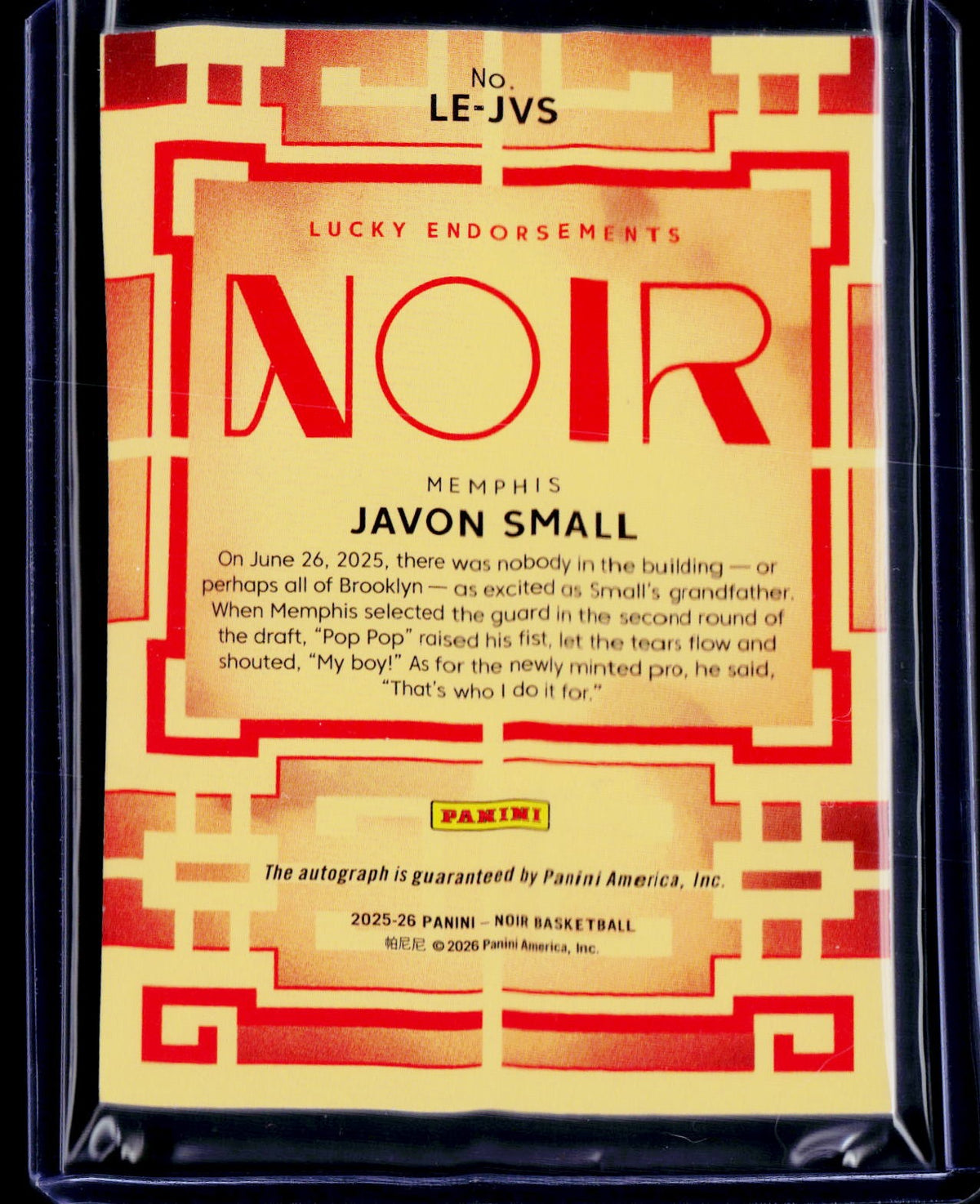 2025/26 Panini Noir #LE-JVS Javon Small Lucky Endorsements #/24