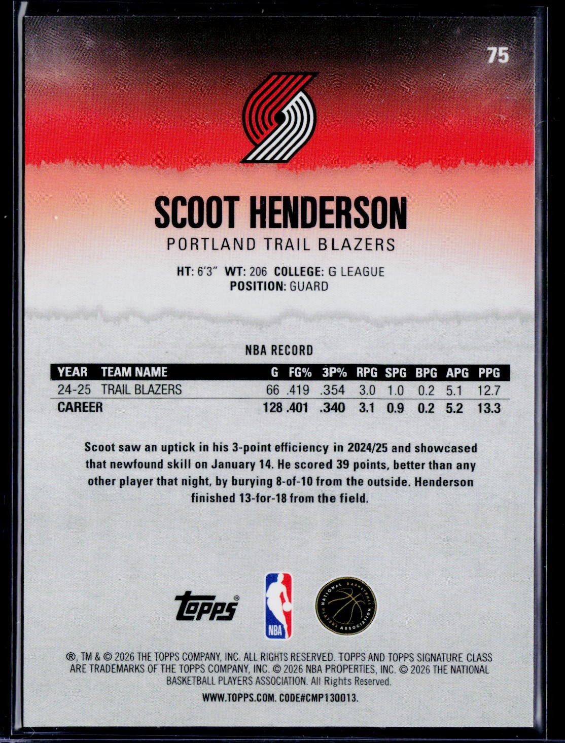 2025-26 Topps Signature Class #75 Scoot Henderson Red Lava #/25
